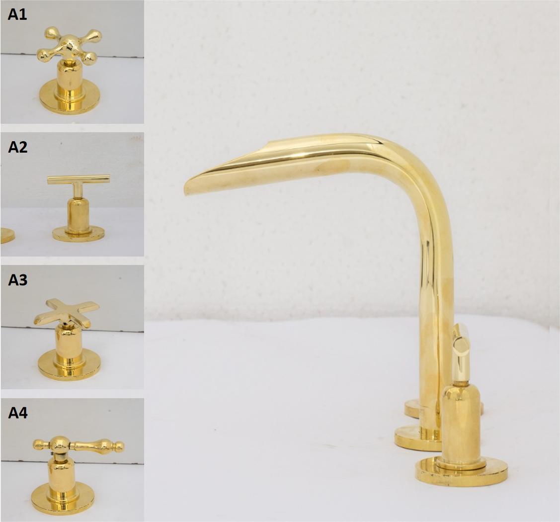 Unlacquered Brass 3-Hole Widespread Faucet, Deck Mount Bathroom Waterfall Faucet