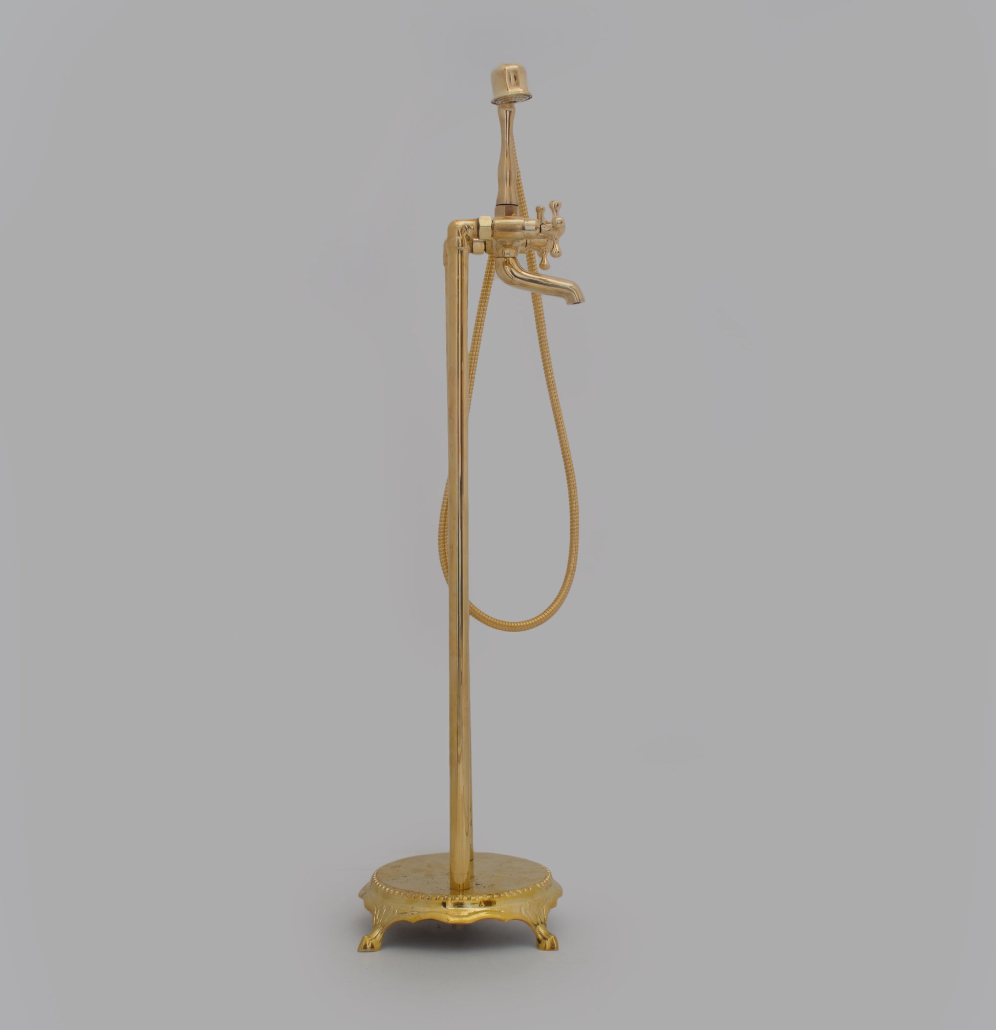 Unlacquered Brass Freestanding Tub Filler, Solid Brass Tub Faucet With Handheld, Floor Mount Bathtub Faucet