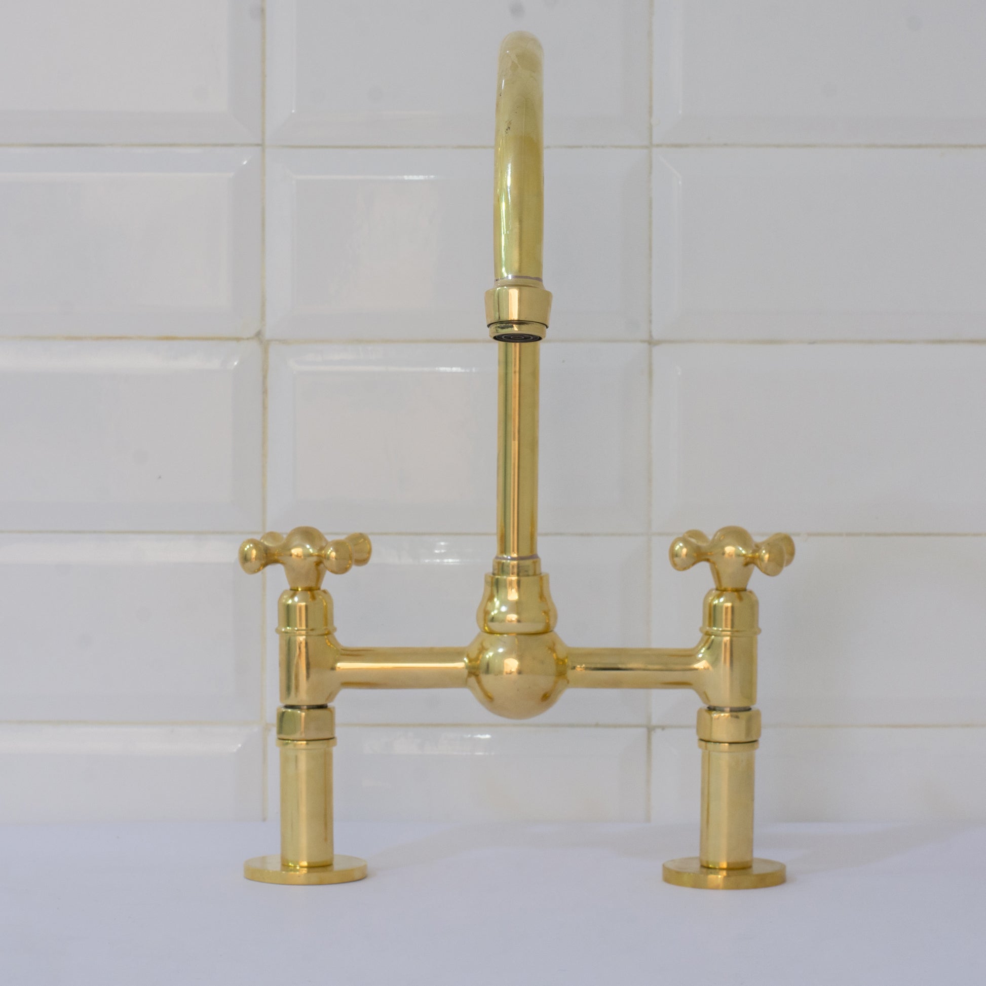 Unlacquered Brass Bridge Faucet, Kitchen Sink Faucet, Simple Cross Handles