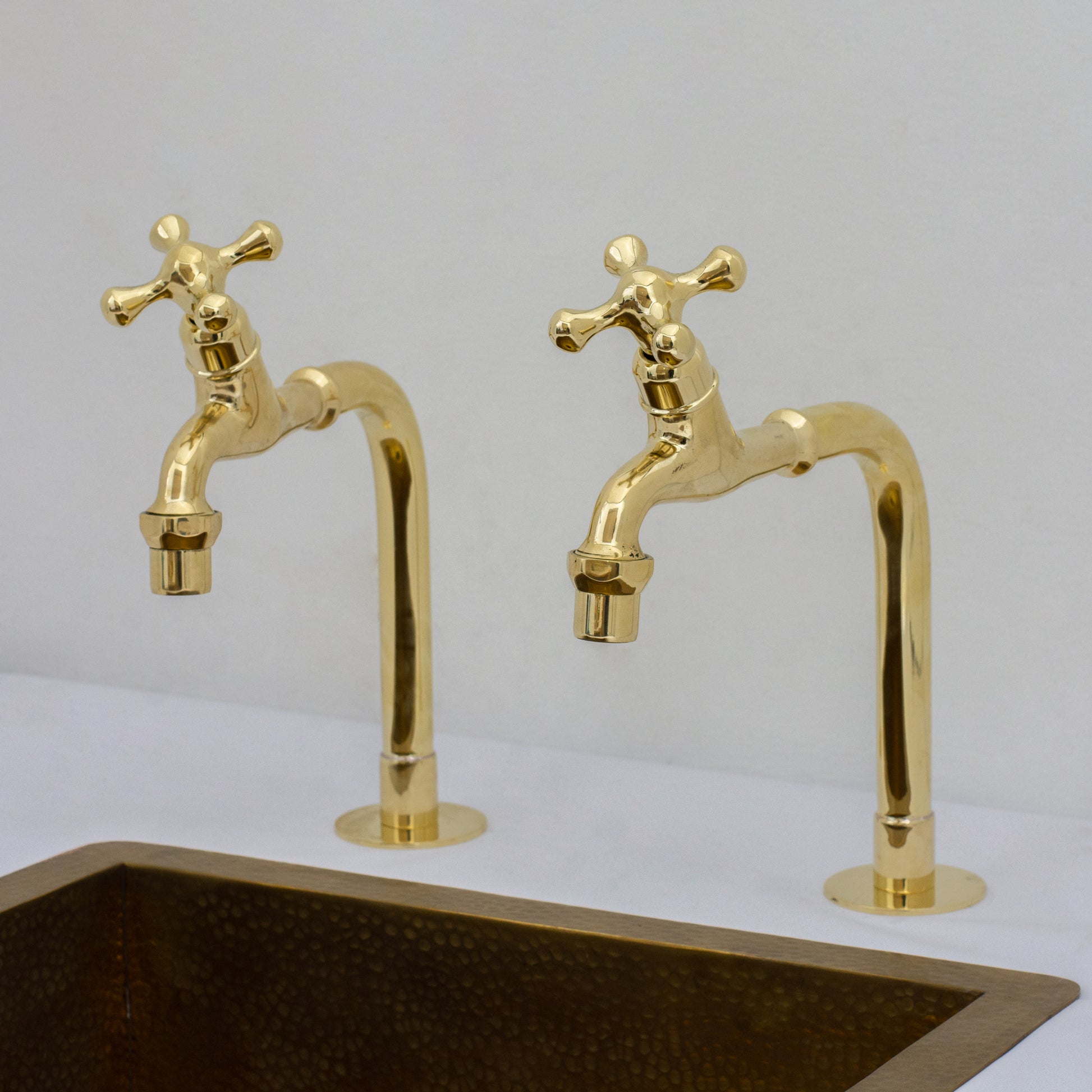 Solid Brass Kitchen Bib Taps, Deck Mount Pillar Taps, Kitchen Double Faucet Set, Hot and Cold Pillar Taps
