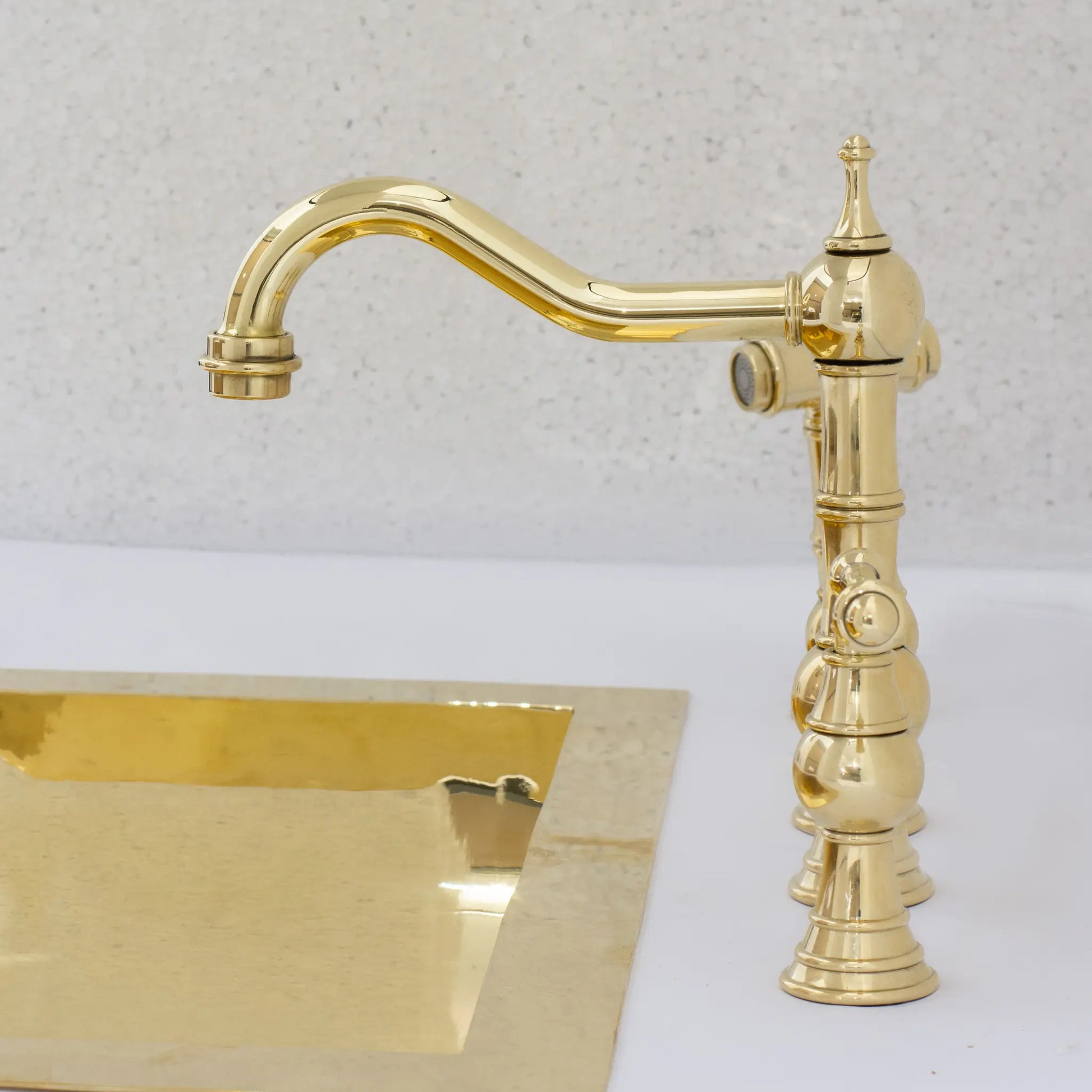 Unlacquered Brass Faucet, Kitchen Victorian Bridge Faucet with Sprayer, 3 Holes Faucet, Lever Handles