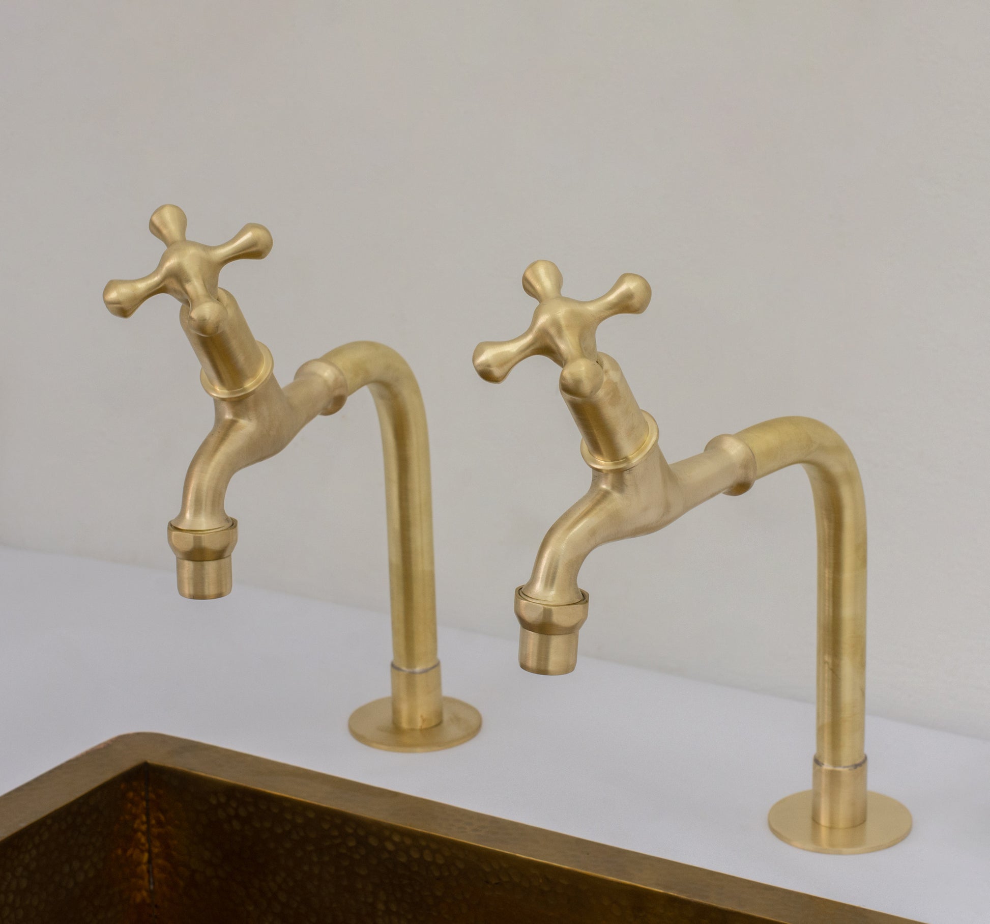 Solid Brass Kitchen Bib Taps, Deck Mount Pillar Taps, Kitchen Double Faucet Set, Hot and Cold Pillar Taps