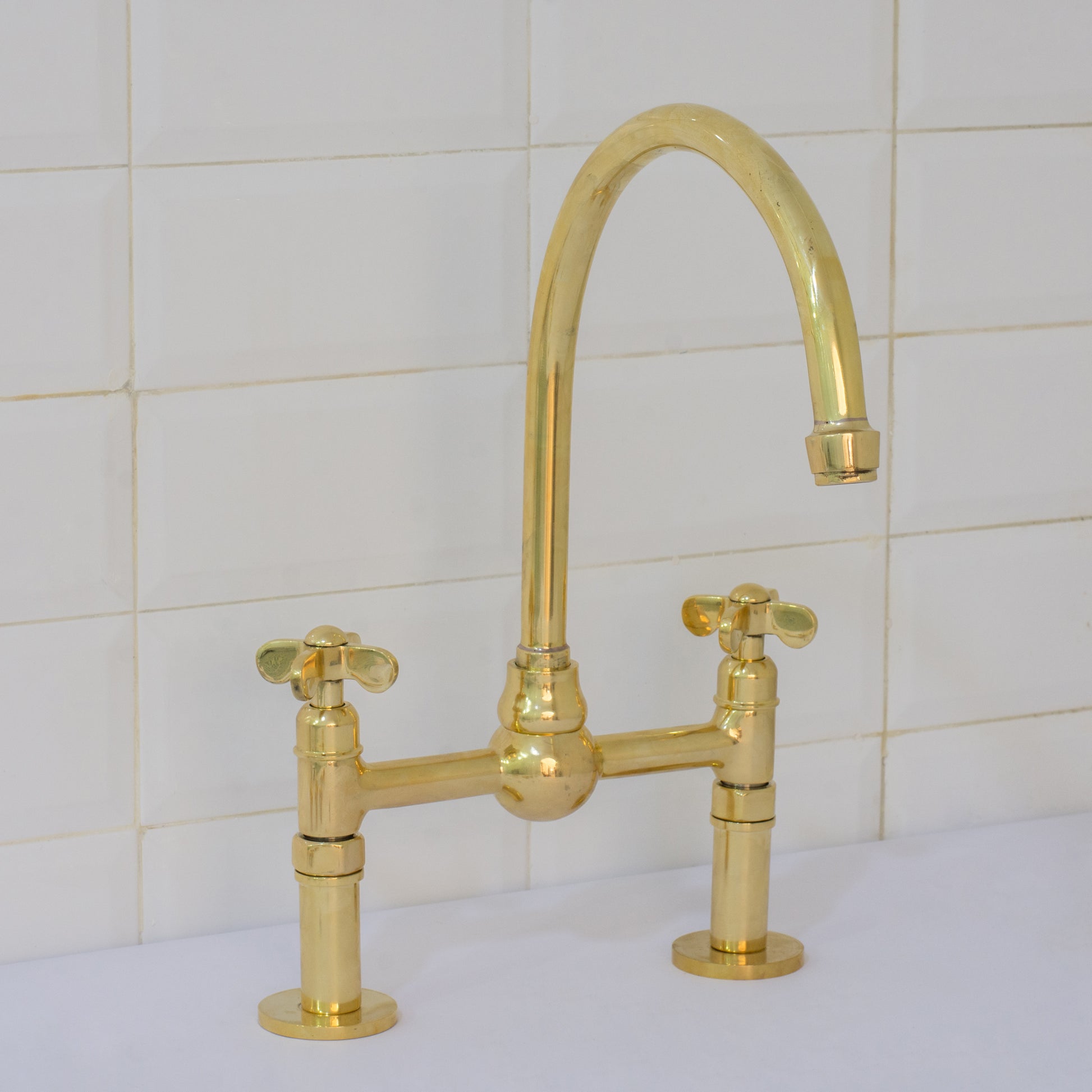 Unlacquered Brass Bridge Faucet, Kitchen Sink Faucet, Simple Cross Handles