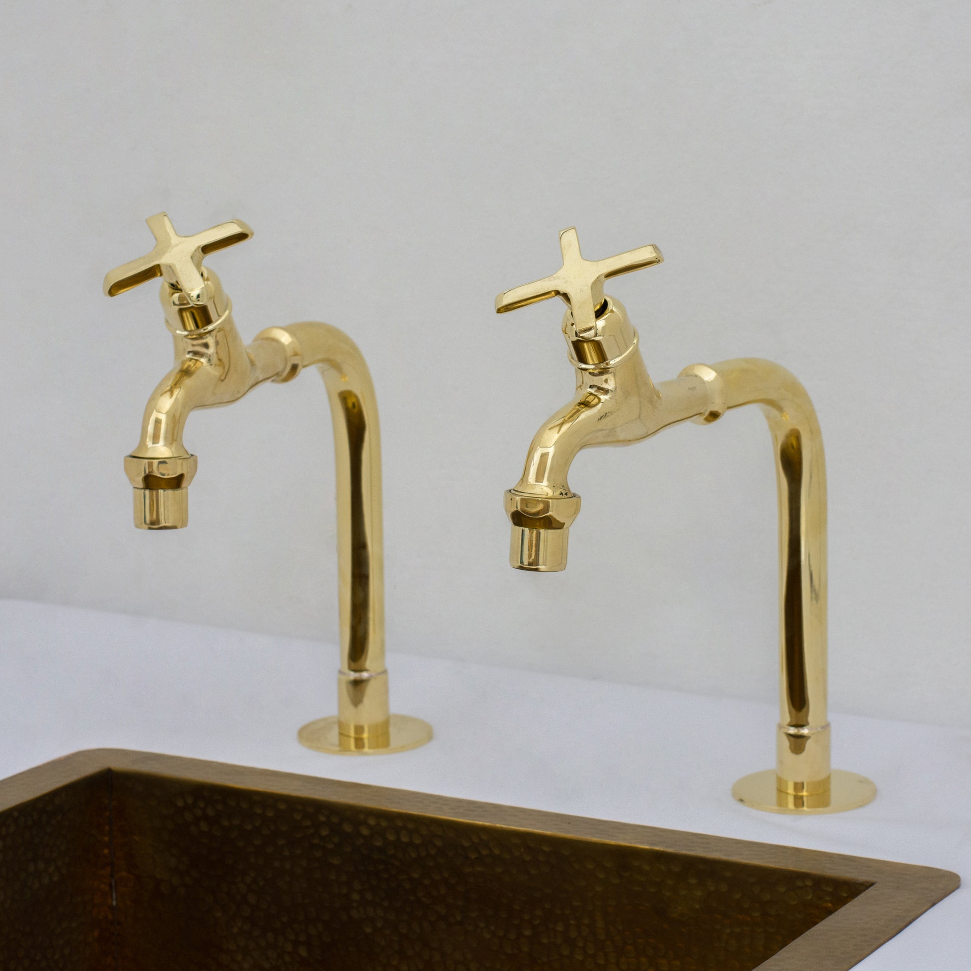 Solid Brass Kitchen Bib Taps, Deck Mount Pillar Taps, Kitchen Double Faucet Set, Hot and Cold Pillar Taps