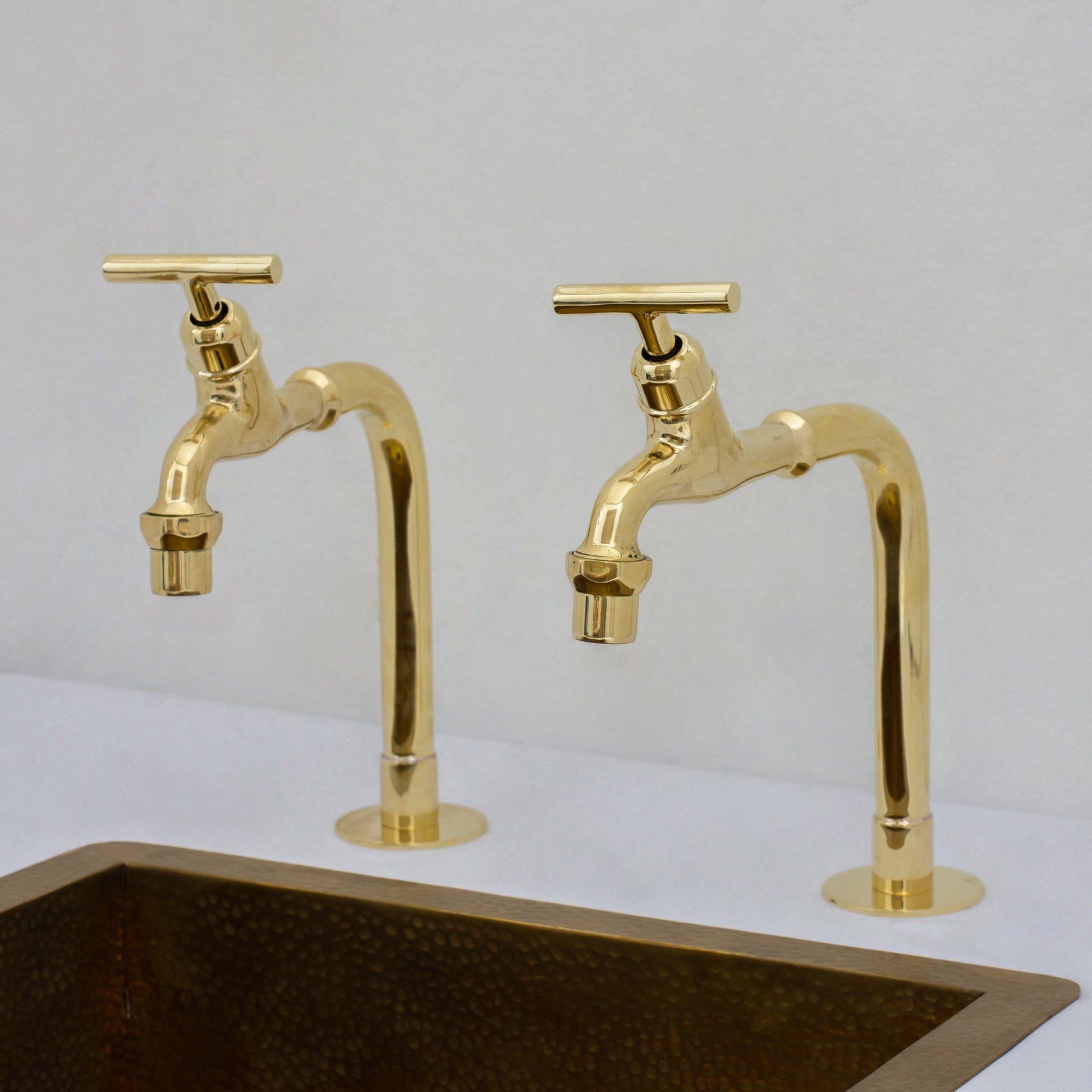 Solid Brass Kitchen Bib Taps, Deck Mount Pillar Taps, Kitchen Double Faucet Set, Hot and Cold Pillar Taps