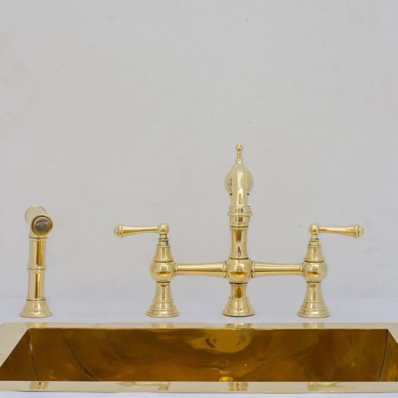 Unlacquered Brass Faucet, Kitchen Victorian Bridge Faucet with Sprayer, 3 Holes Faucet, Lever Handles