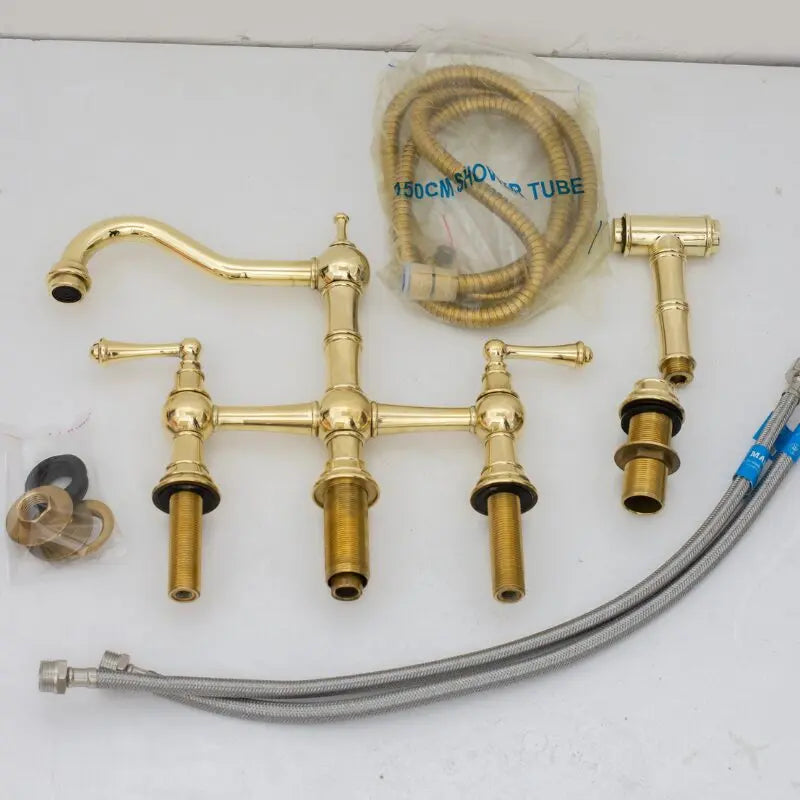 Unlacquered Brass Faucet, Kitchen Victorian Bridge Faucet with Sprayer, 3 Holes Faucet, Lever Handles