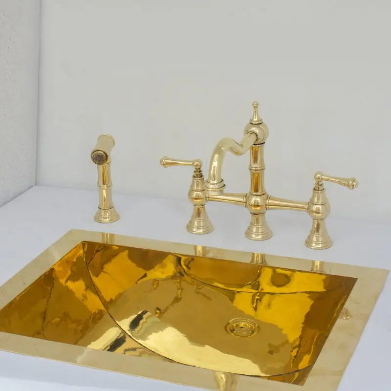 Unlacquered Brass Faucet, Kitchen Victorian Bridge Faucet with Sprayer, 3 Holes Faucet, Lever Handles