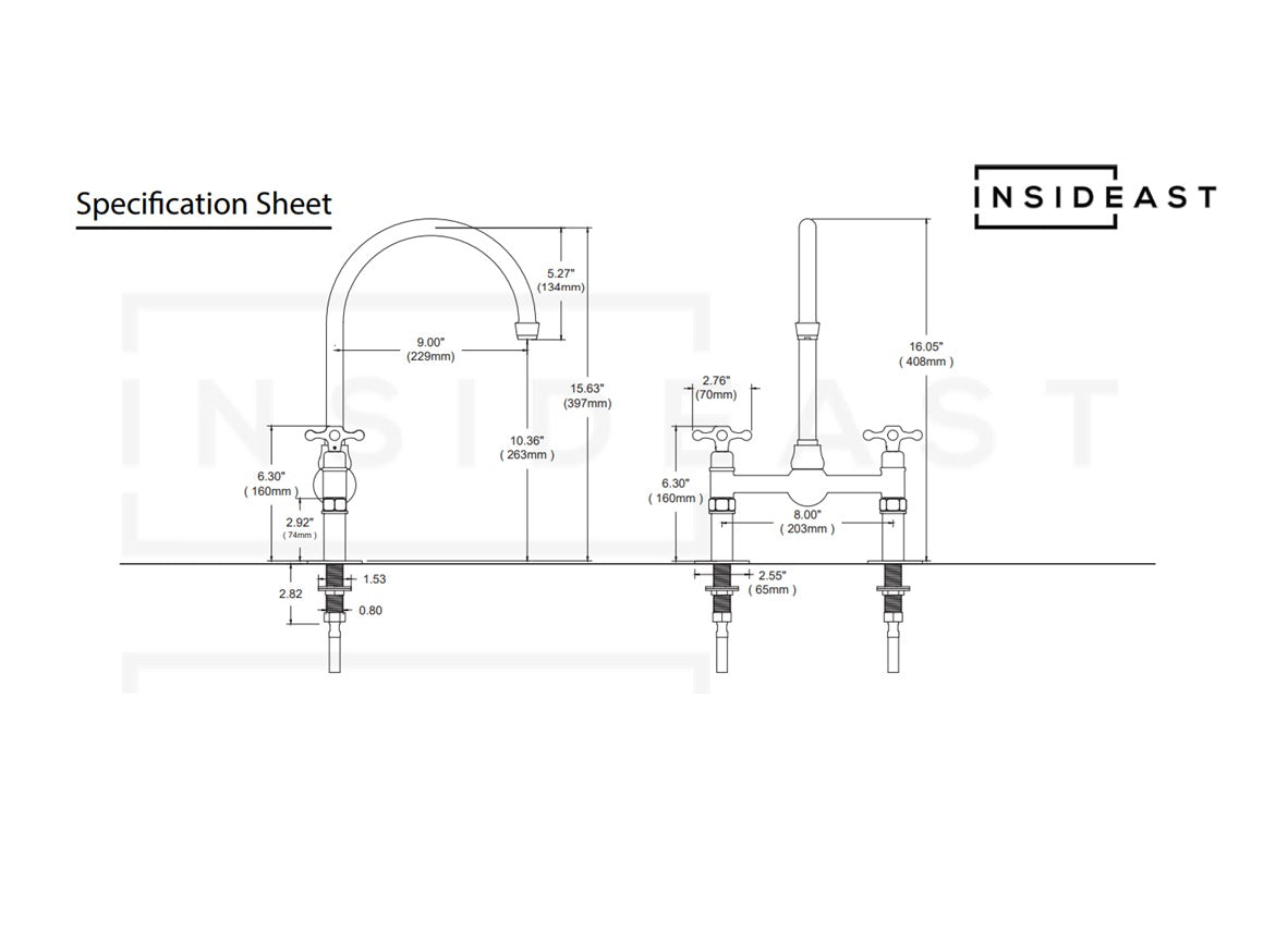 Unlacquered Brass Bridge Faucet, Kitchen Sink Faucet, Simple Cross Handles