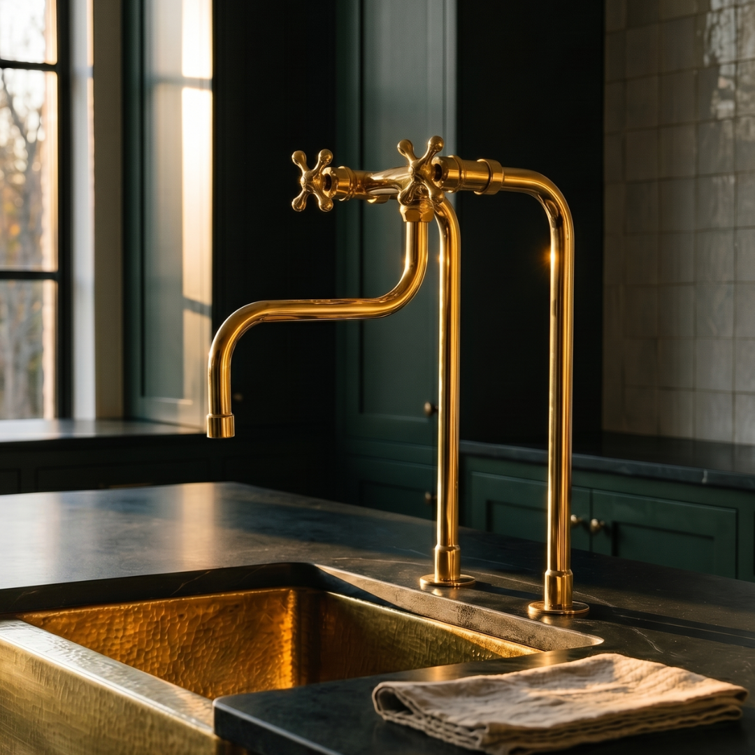 Five types of Insideast unlacquered brass faucets handmade in Marrakech: bridge faucet, single-hole, wall-mount, pot filler, and widespread