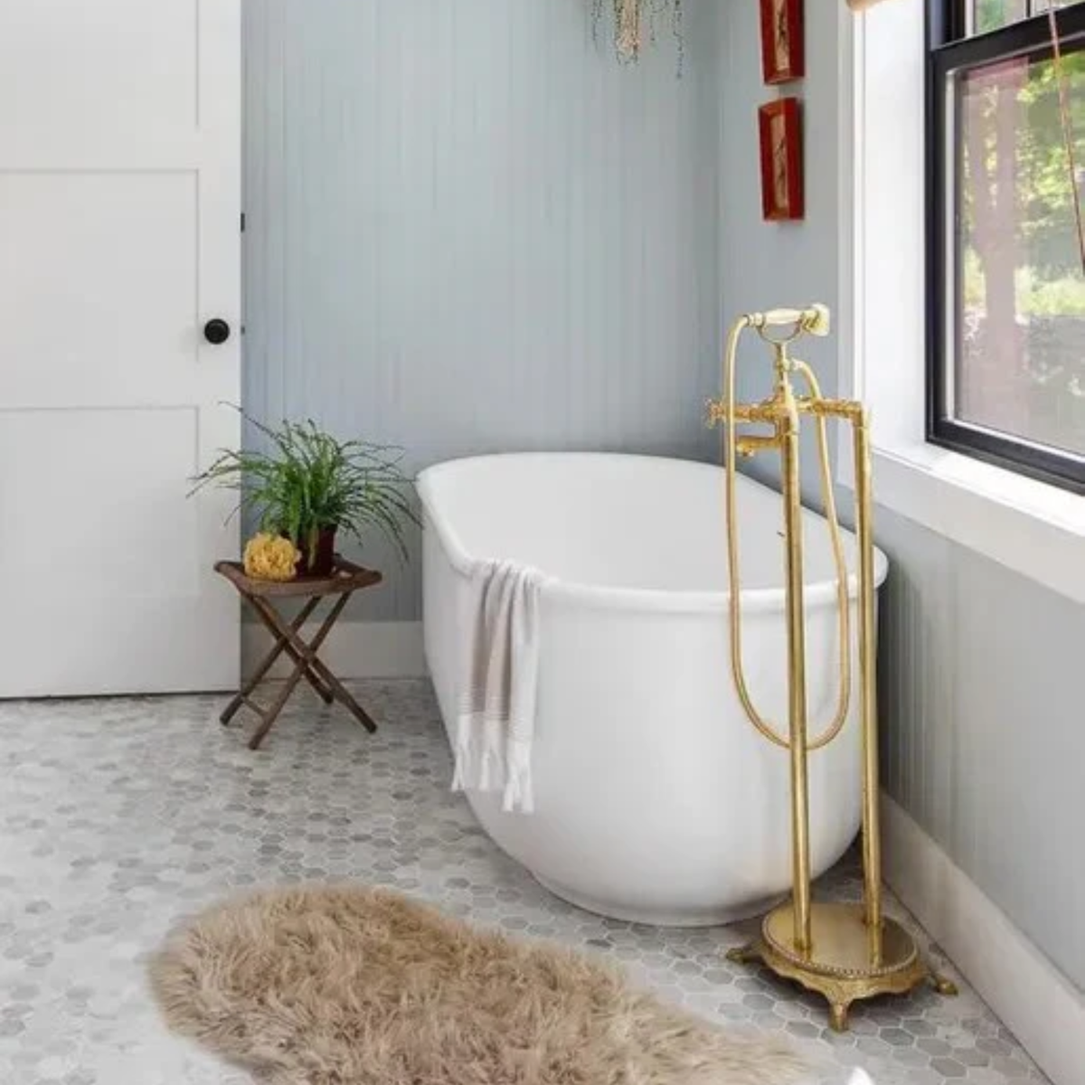 Unlacquered Brass Freestanding Tub Filler, Solid Brass Tub Faucet With Handheld, Floor Mount Bathtub Faucet