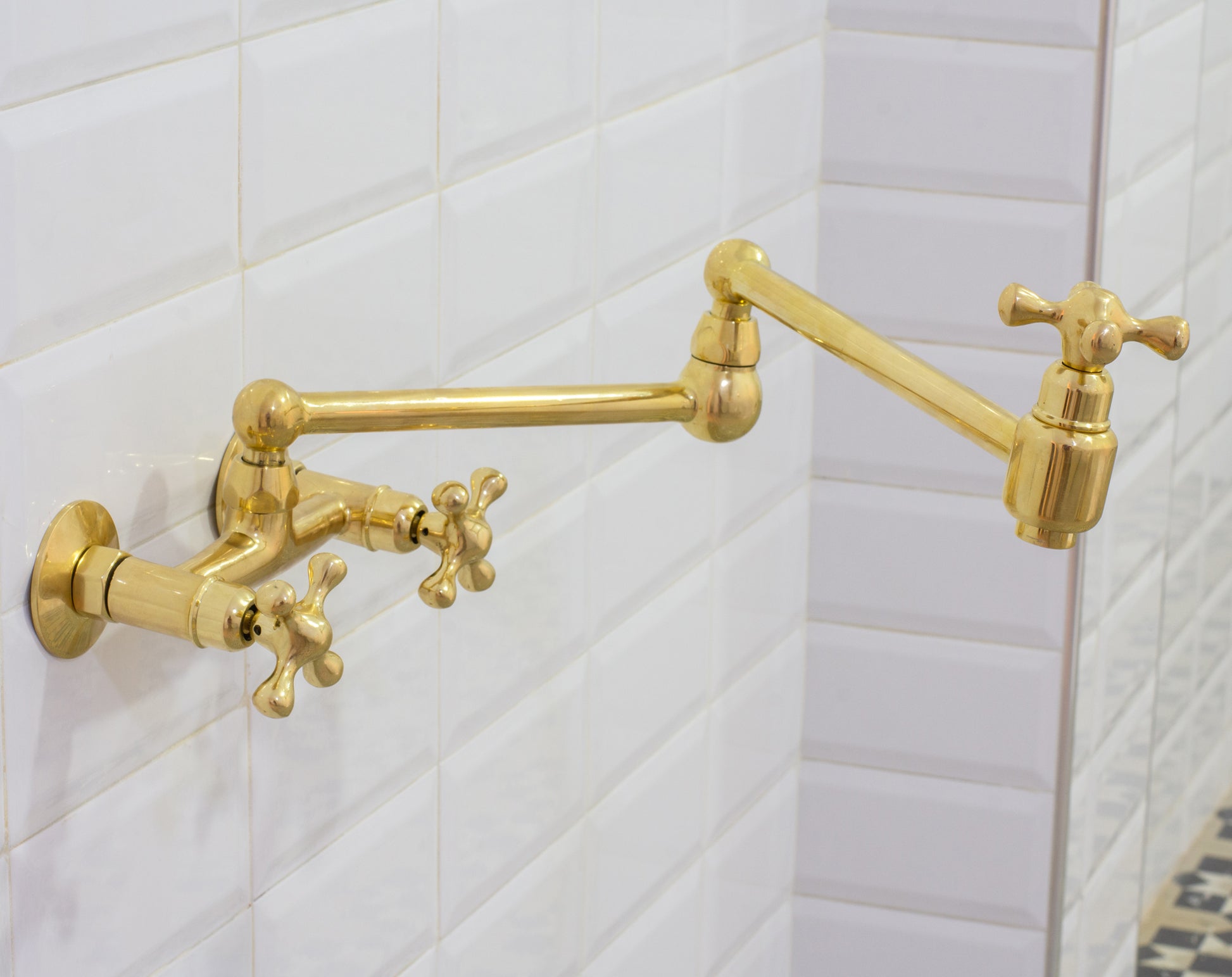 Unlacquered Brass Wall Mount Faucet, Brass Kitchen Faucet, Dual Handle Faucet