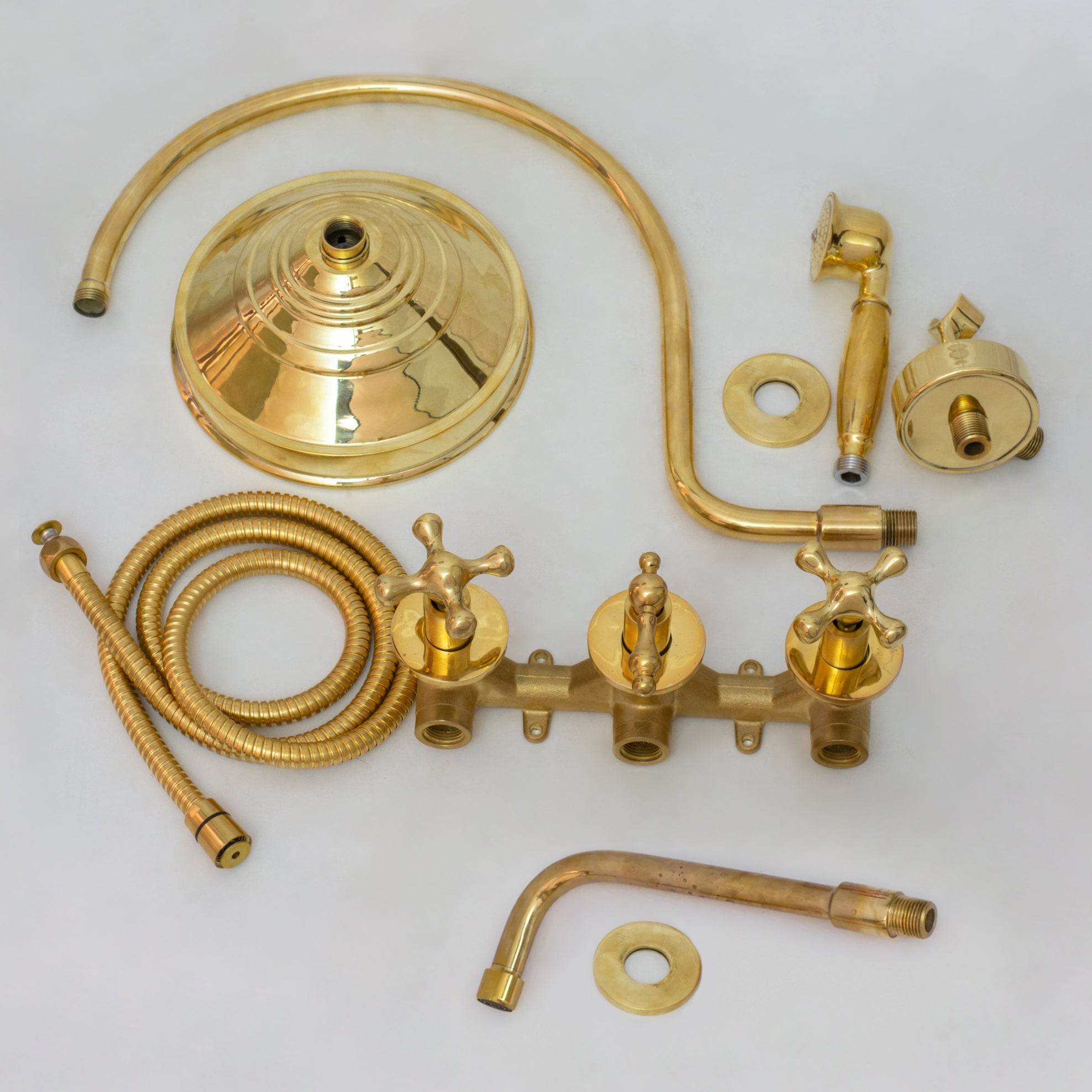 Unlacquered Brass Built-in Shower Gooseneck Arm, 3-Outlet Concealed Hand Shower And Tub Faucet, Rainfall Shower System