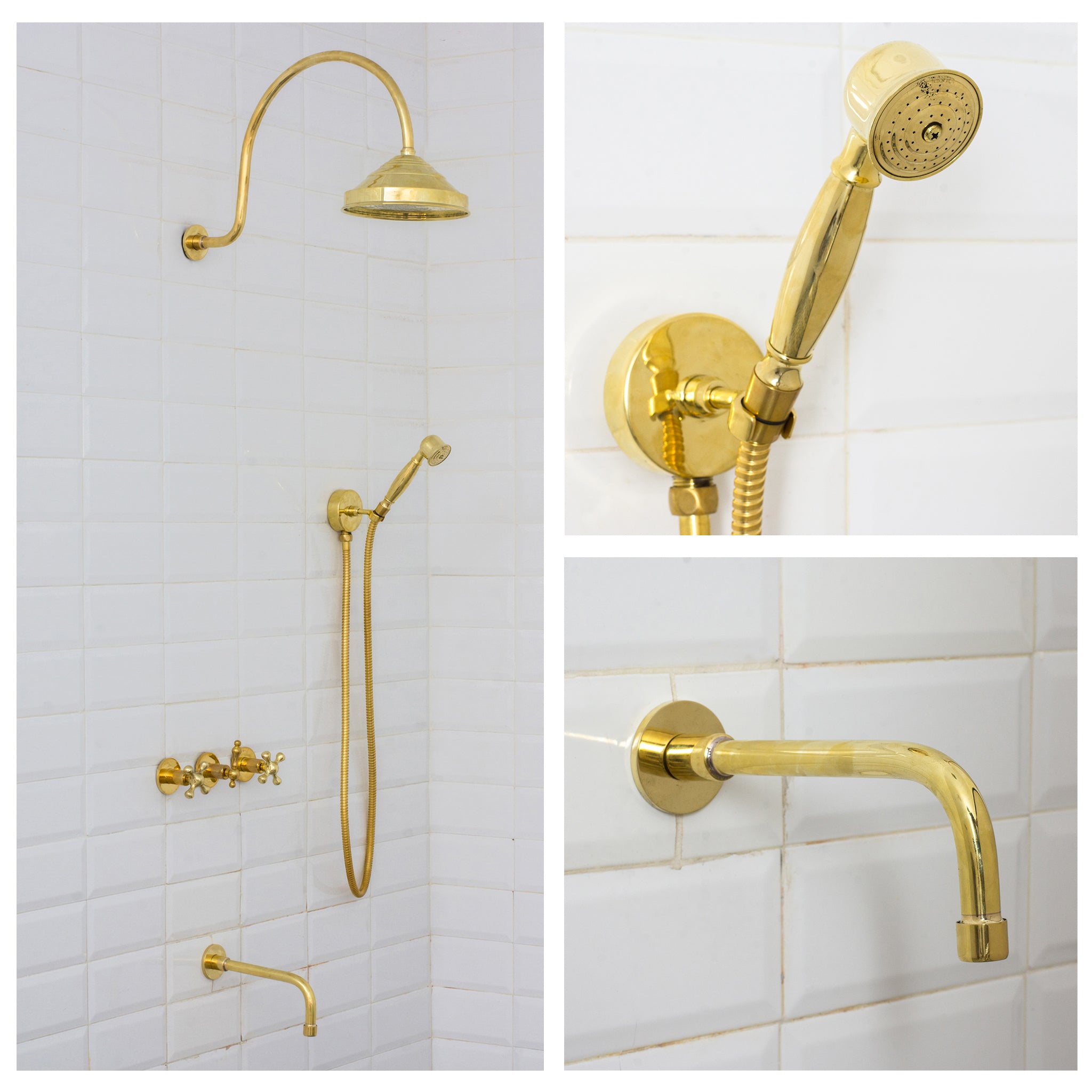 Unlacquered Brass Built-in Shower Gooseneck Arm, 3-Outlet Concealed Hand Shower And Tub Faucet, Rainfall Shower System