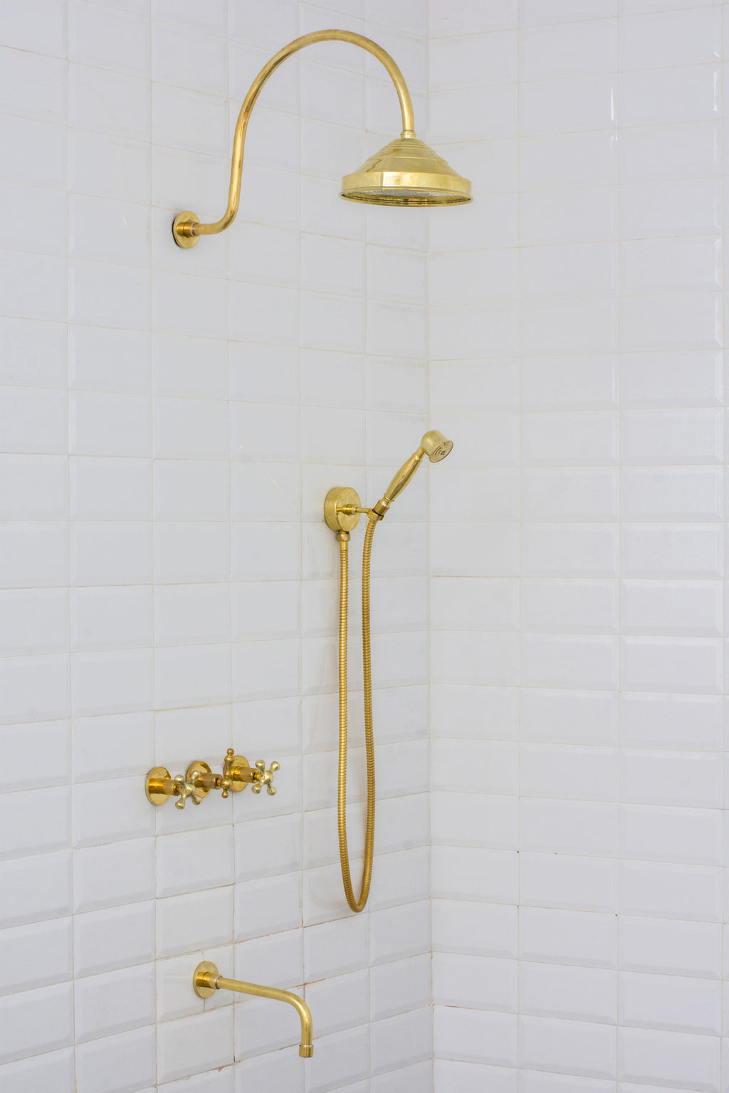 Unlacquered Brass Built-in Shower Gooseneck Arm, 3-Outlet Concealed Hand Shower And Tub Faucet, Rainfall Shower System
