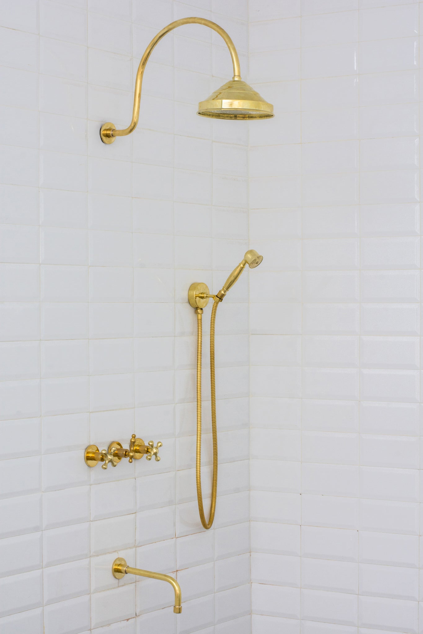 Unlacquered Brass Built-in Shower Gooseneck Arm, 3-Outlet Concealed Hand Shower And Tub Faucet, Rainfall Shower System