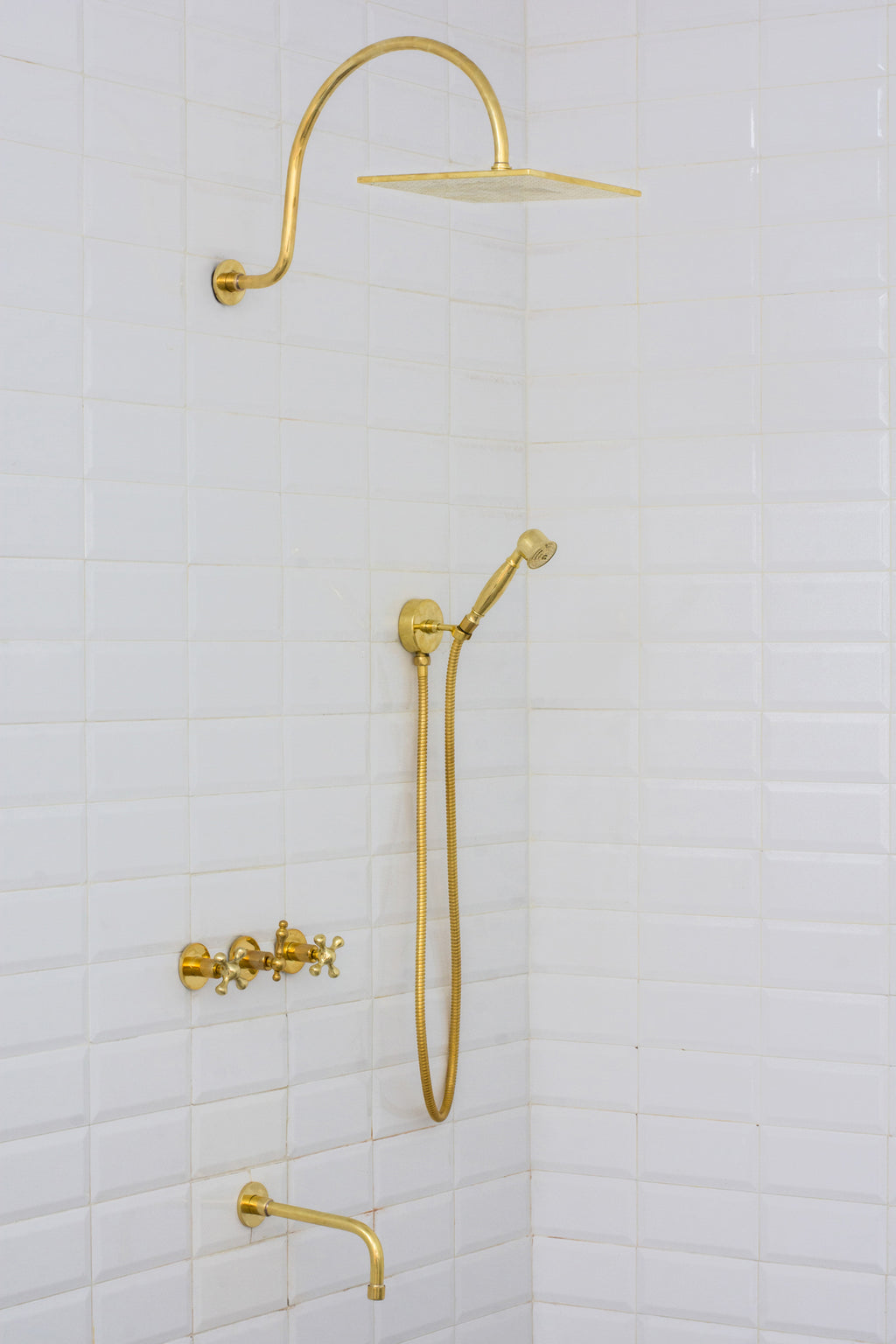 Unlacquered Brass Built-in Shower Gooseneck Arm, 3-Outlet Concealed Hand Shower And Tub Faucet, Rainfall Shower System
