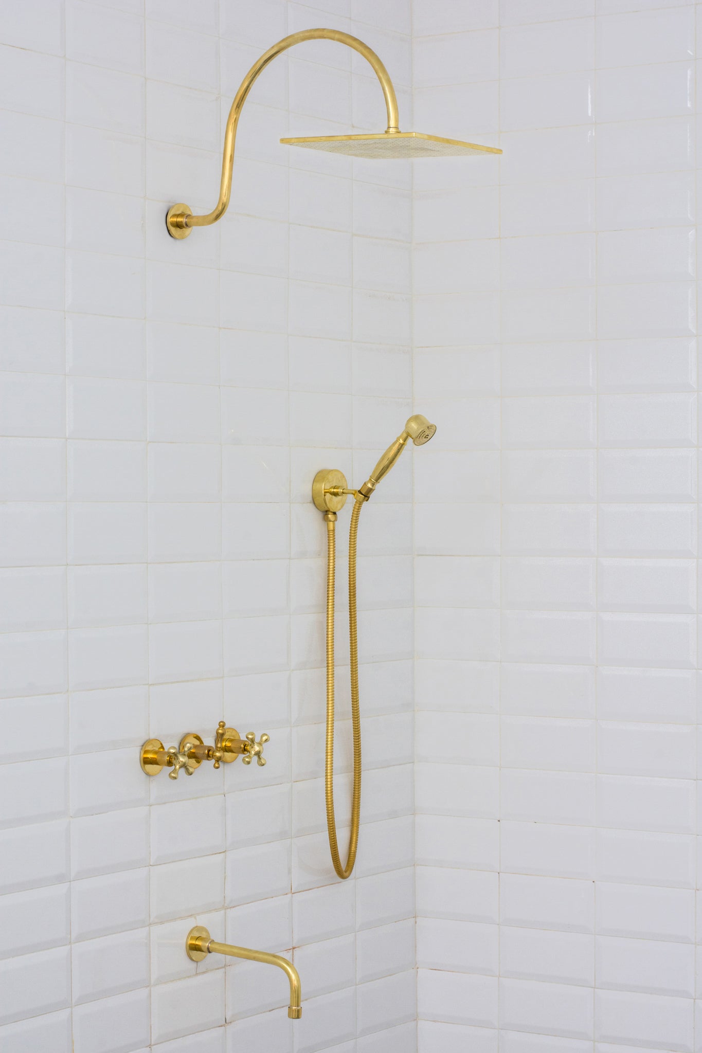 Unlacquered Brass Built-in Shower Gooseneck Arm, 3-Outlet Concealed Hand Shower And Tub Faucet, Rainfall Shower System