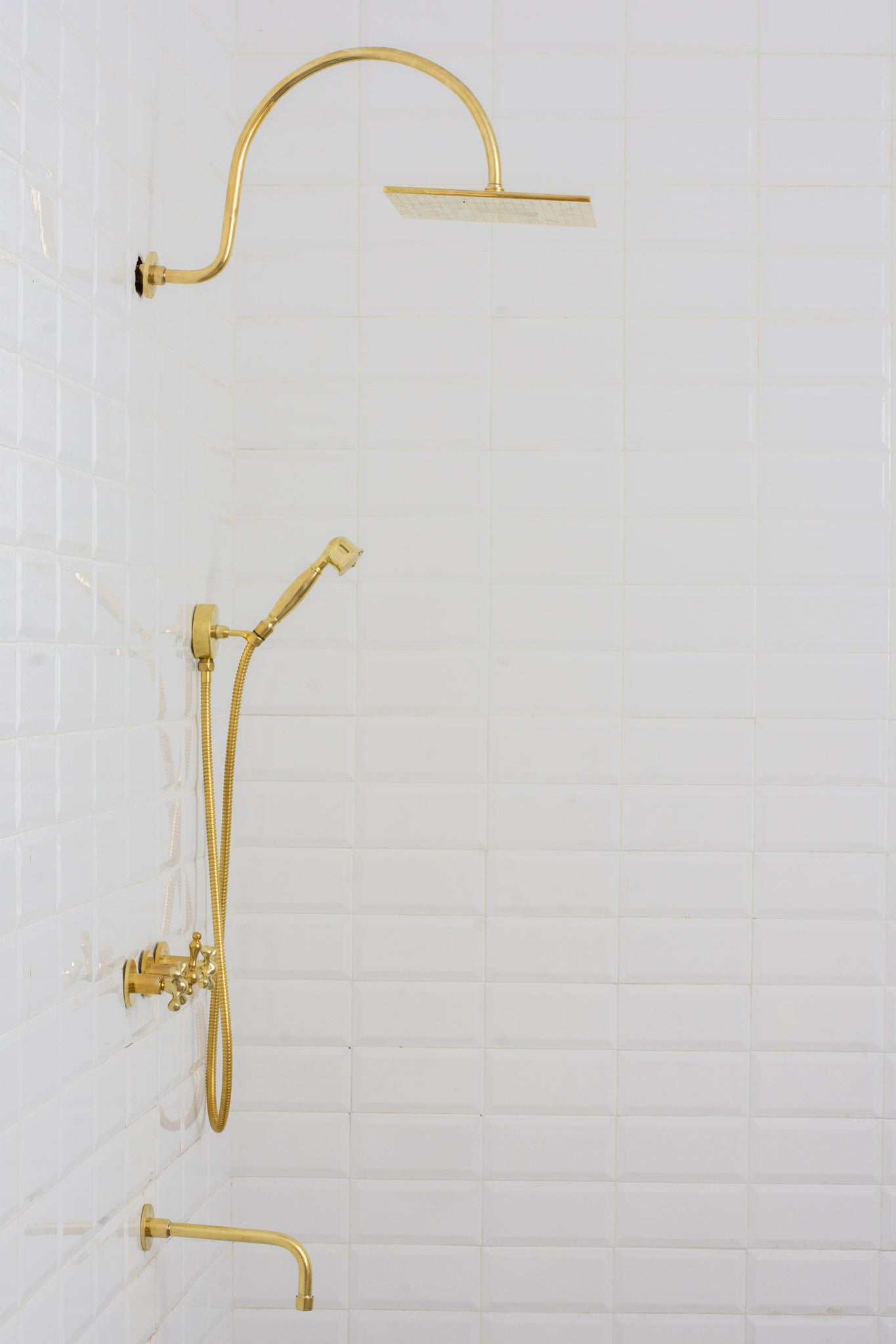 Unlacquered Brass Built-in Shower Gooseneck Arm, 3-Outlet Concealed Hand Shower And Tub Faucet, Rainfall Shower System