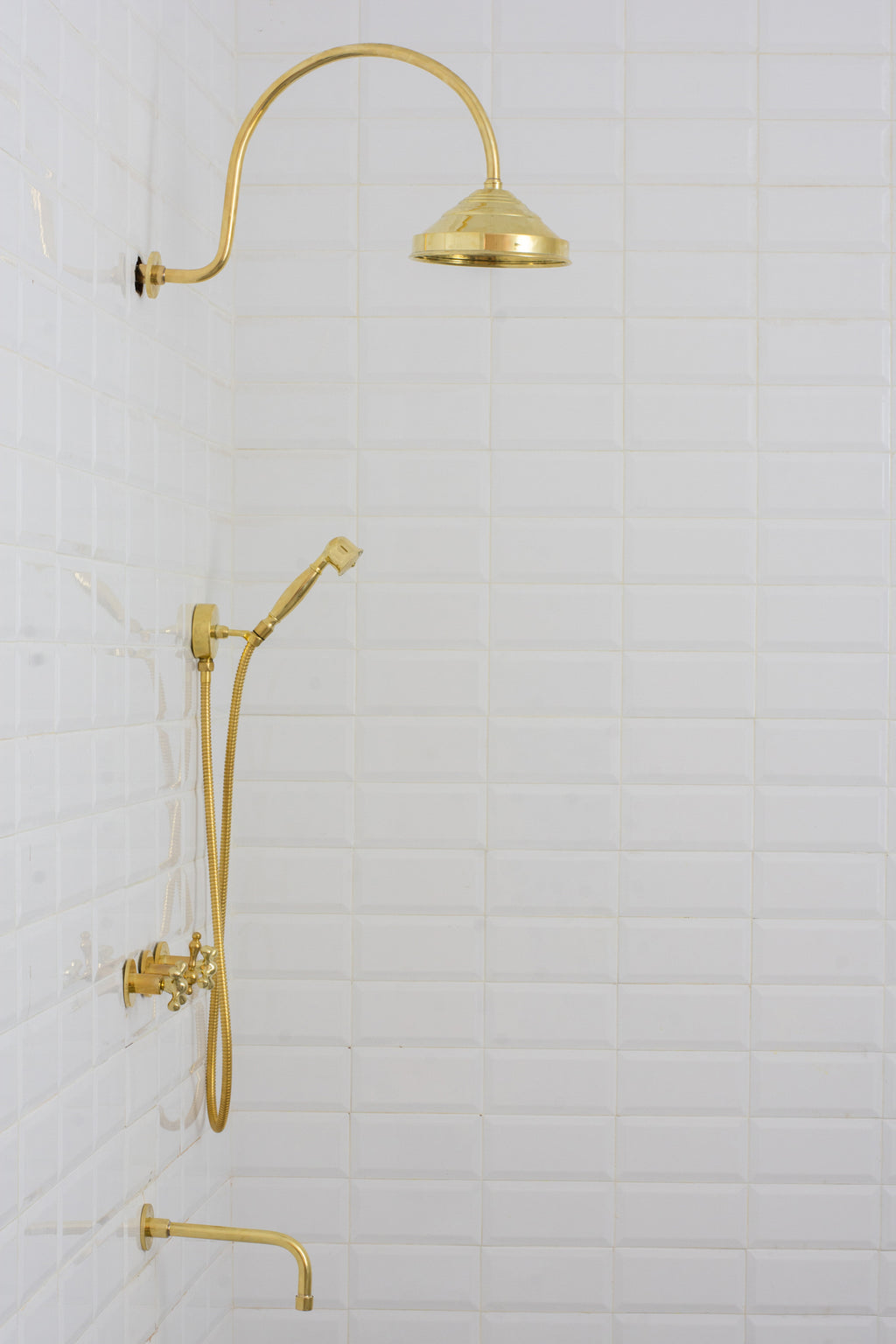 Unlacquered Brass Built-in Shower Gooseneck Arm, 3-Outlet Concealed Hand Shower And Tub Faucet, Rainfall Shower System