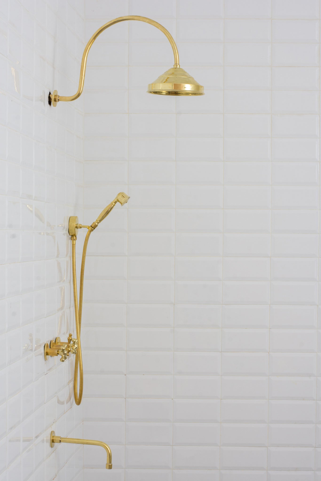 Unlacquered Brass Built-in Shower Gooseneck Arm, 3-Outlet Concealed Hand Shower And Tub Faucet, Rainfall Shower System