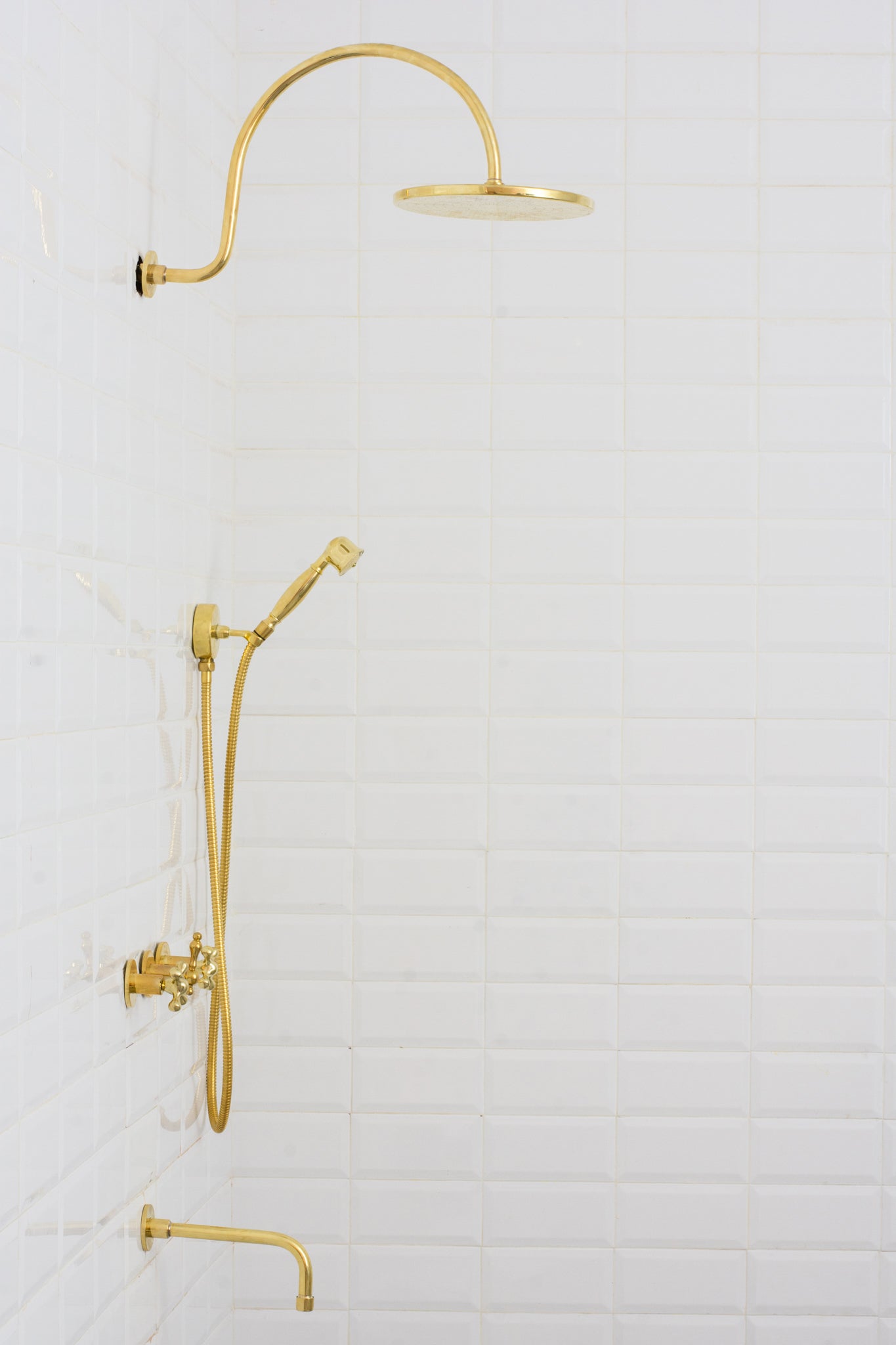 Unlacquered Brass Built-in Shower Gooseneck Arm, 3-Outlet Concealed Hand Shower And Tub Faucet, Rainfall Shower System