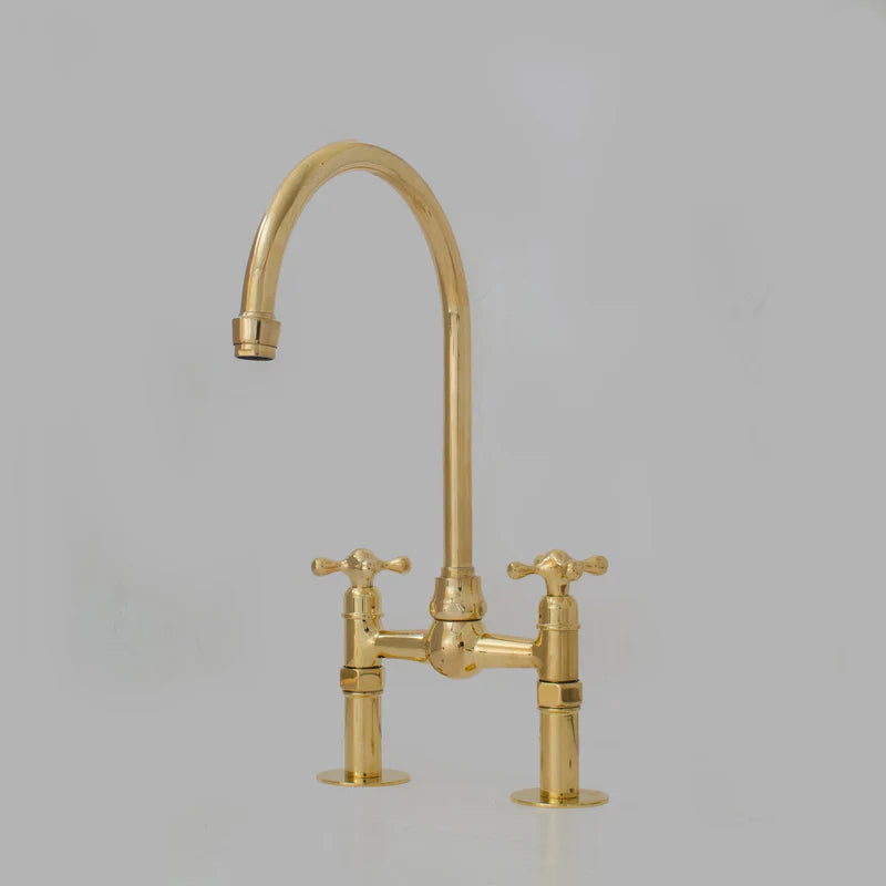 6″ Unlacquered Brass Bridge Faucet, Kitchen Island Faucet, High Arc Faucet, Simple Cross Handles