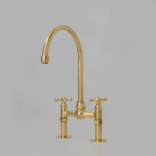 6″ Unlacquered Brass Bridge Faucet, Kitchen Island Faucet, High Arc Faucet, Simple Cross Handles