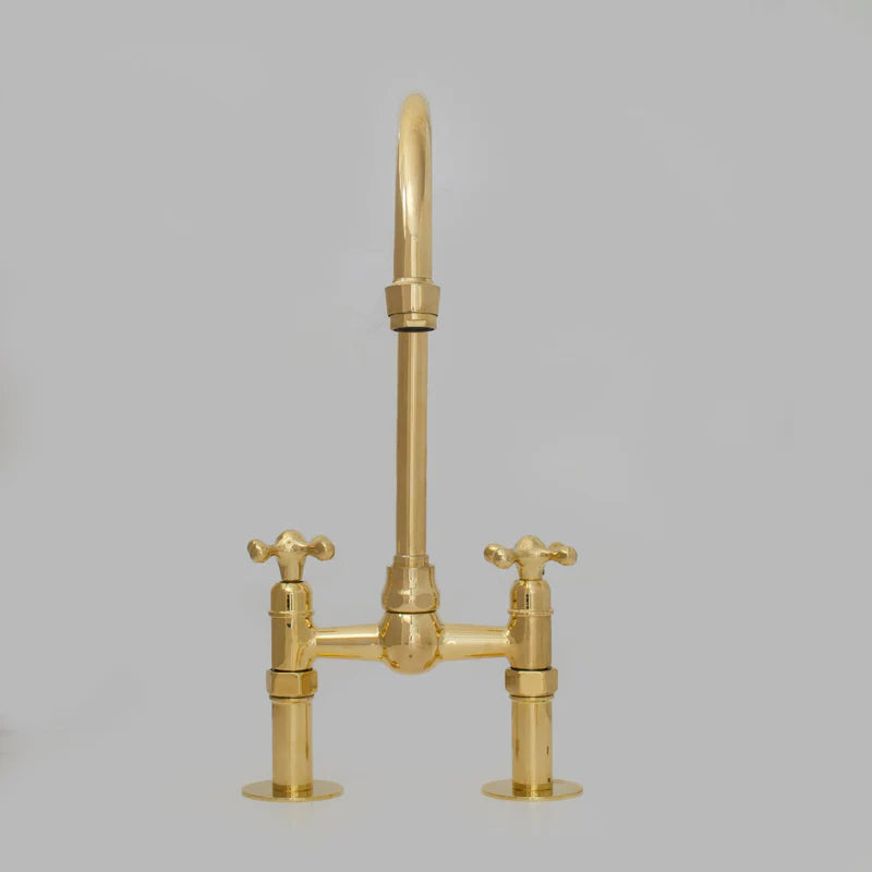 6″ Unlacquered Brass Bridge Faucet, Kitchen Island Faucet, High Arc Faucet, Simple Cross Handles