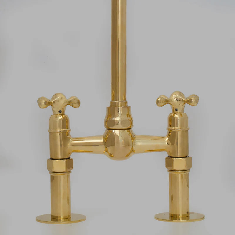6″ Unlacquered Brass Bridge Faucet, Kitchen Island Faucet, High Arc Faucet, Simple Cross Handles