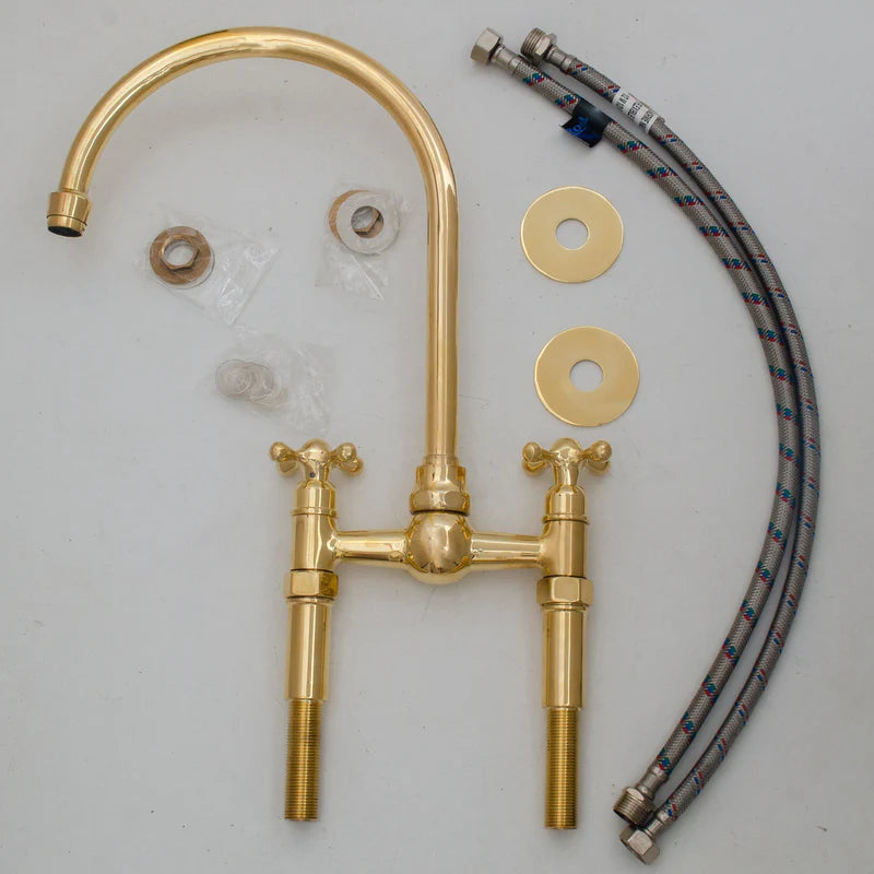 6″ Unlacquered Brass Bridge Faucet, Kitchen Island Faucet, High Arc Faucet, Simple Cross Handles