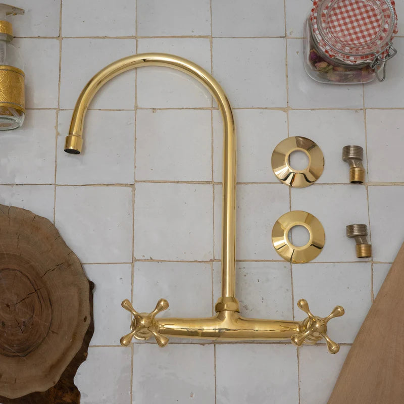 8″ Unlacquered Brass Kitchen Wall Mount Faucet, Gooseneck Faucet