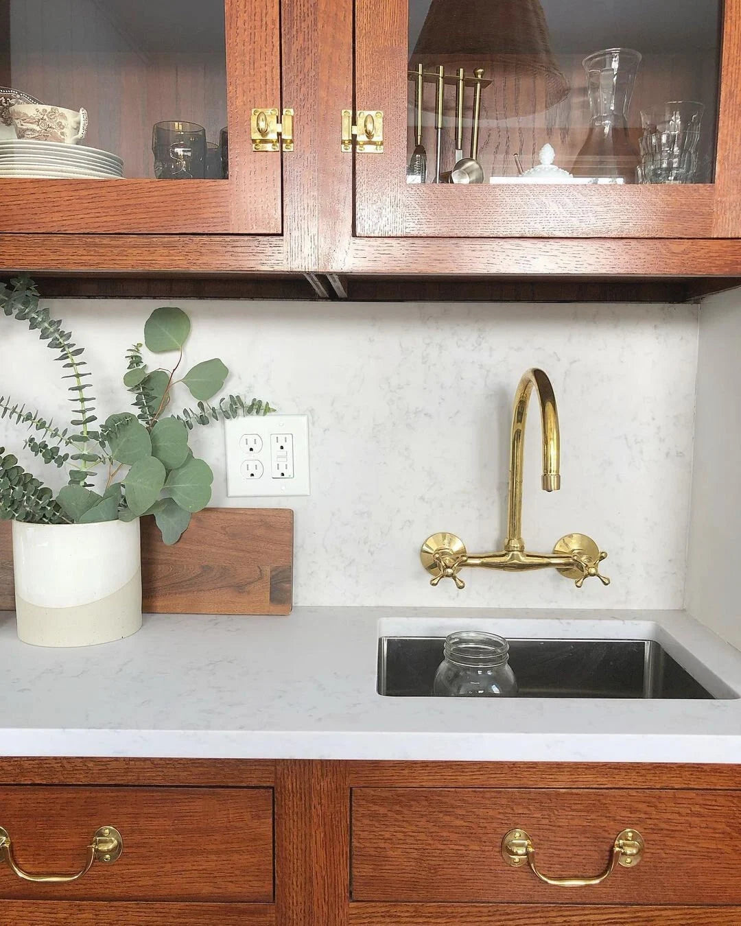 8" Unlacquered Brass Kitchen Wall Mount Faucet, Gooseneck Faucet