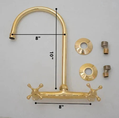 8″ Unlacquered Brass Kitchen Wall Mount Faucet, Gooseneck Faucet