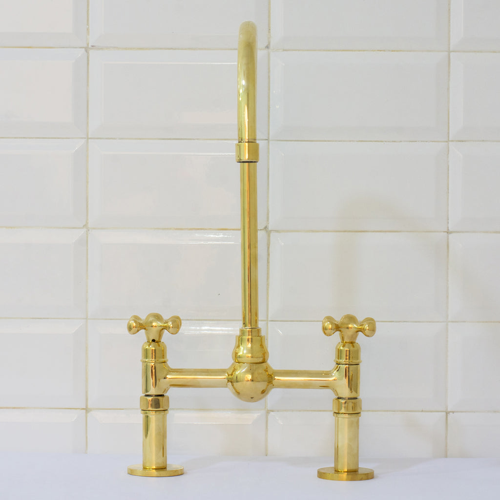 Solid Brass Ball Center Bridge Faucet Straight Legs, Dual Handle Faucet, Bridge Kitchen Faucet, 2-Hole Faucet, Deck Mount Faucet