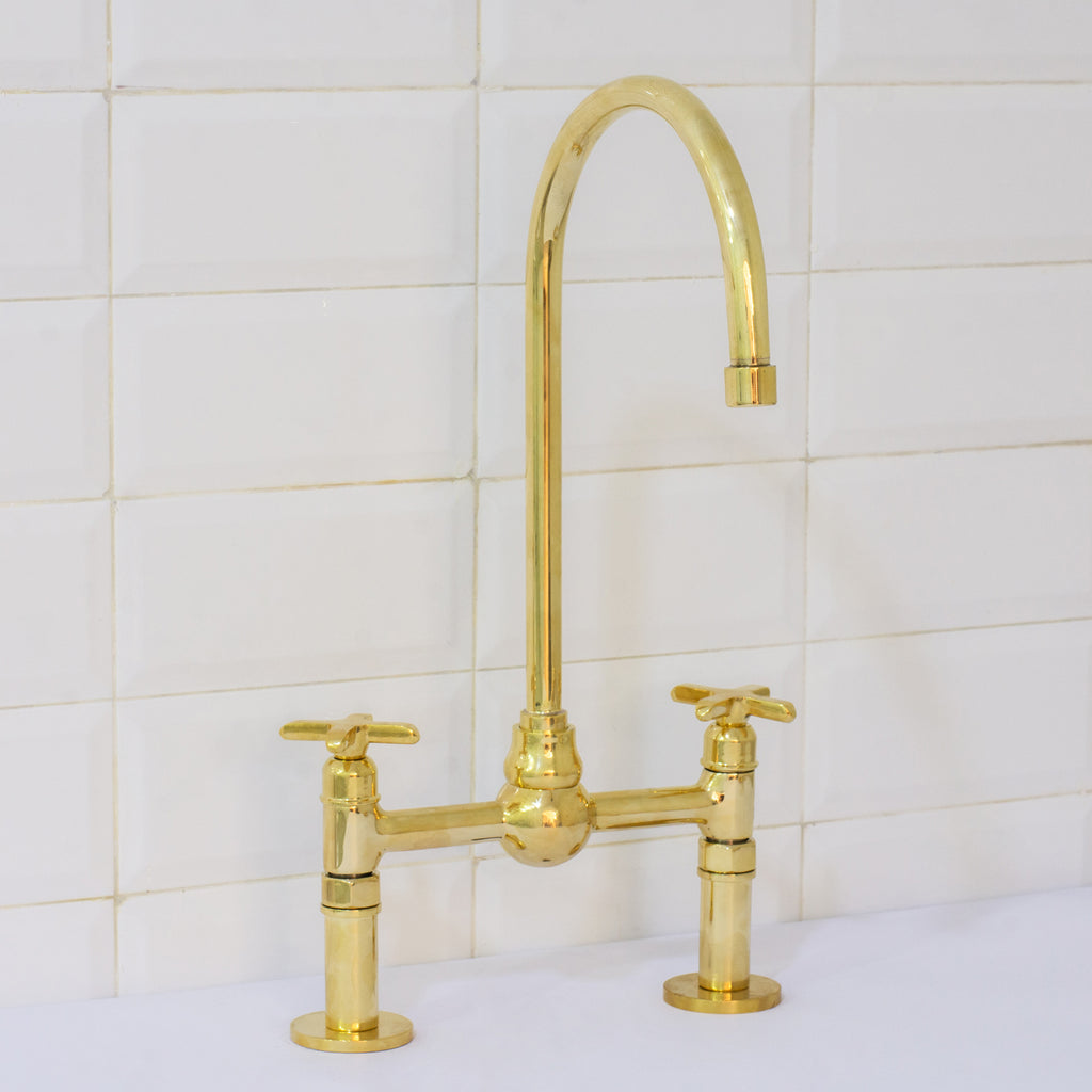 Solid Brass Ball Center Bridge Faucet Straight Legs, Dual Handle Faucet, Bridge Kitchen Faucet, 2-Hole Faucet, Deck Mount Faucet