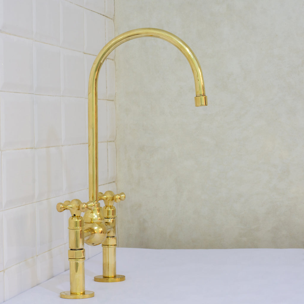 Solid Brass Ball Center Bridge Faucet Straight Legs, Dual Handle Faucet, Bridge Kitchen Faucet, 2-Hole Faucet, Deck Mount Faucet