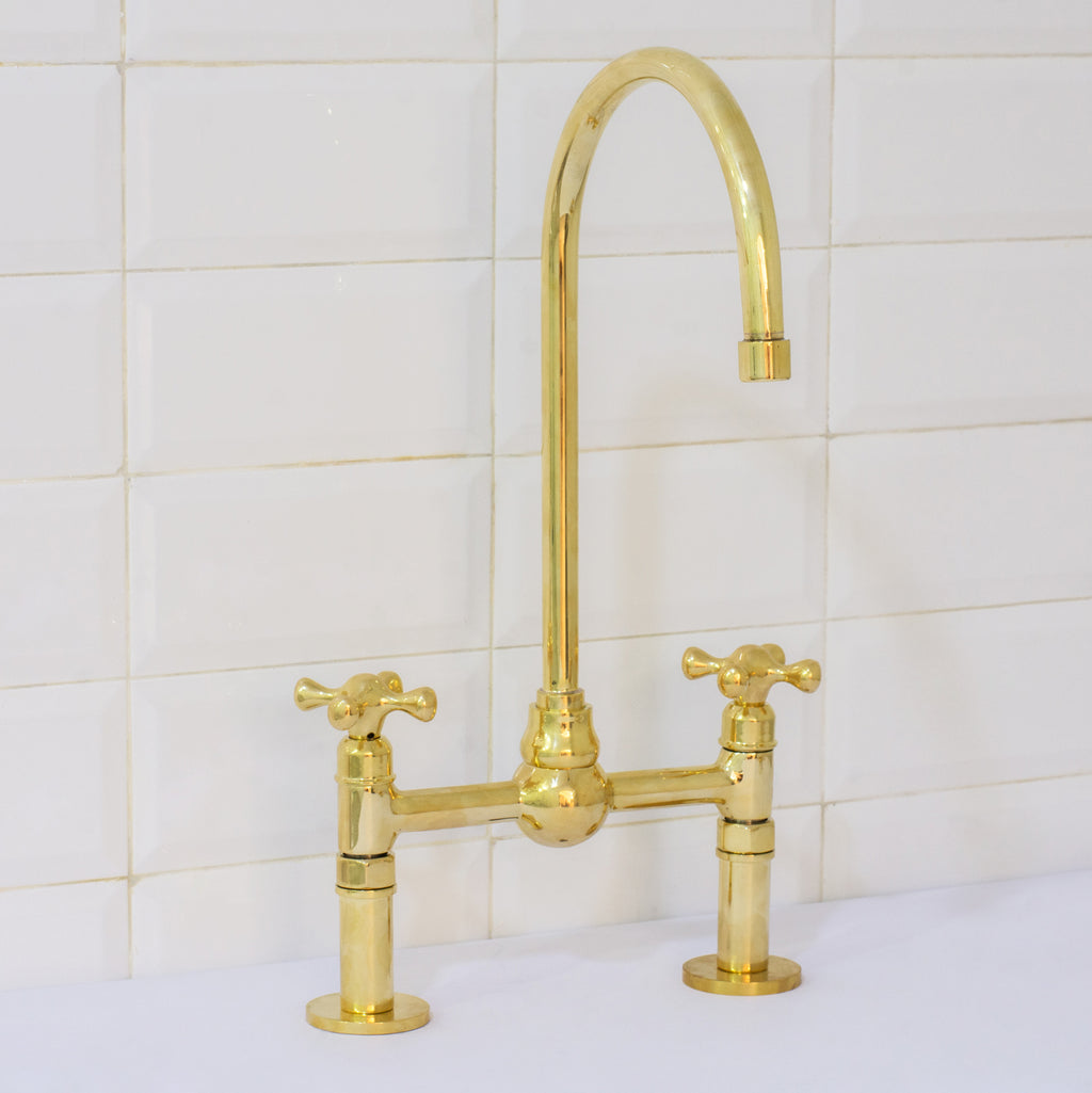 Solid Brass Ball Center Bridge Faucet Straight Legs, Dual Handle Faucet, Bridge Kitchen Faucet, 2-Hole Faucet, Deck Mount Faucet