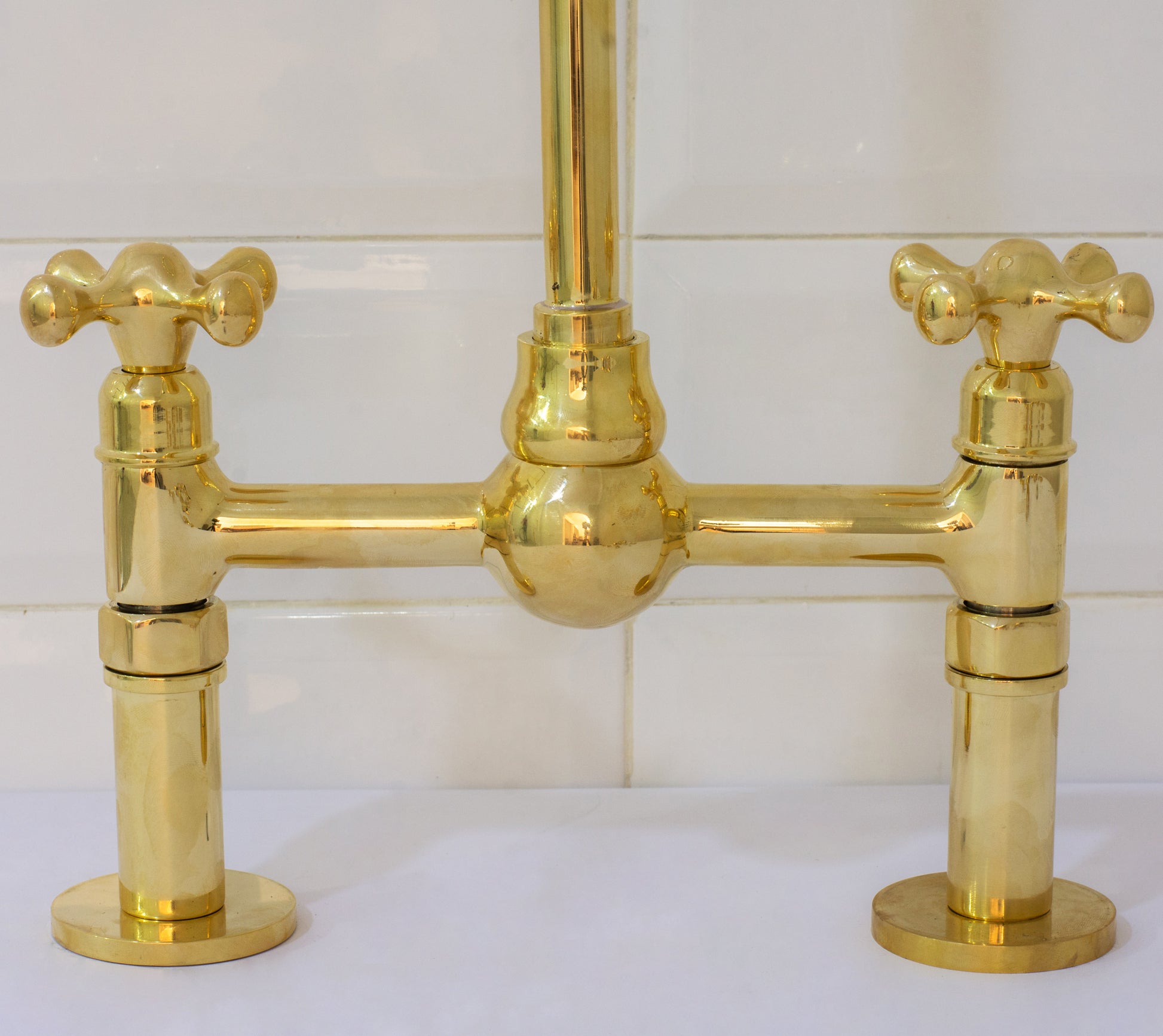 Solid Brass Ball Center Bridge Faucet Straight Legs, Dual Handle Faucet, Bridge Kitchen Faucet, 2-Hole Faucet, Deck Mount Faucet