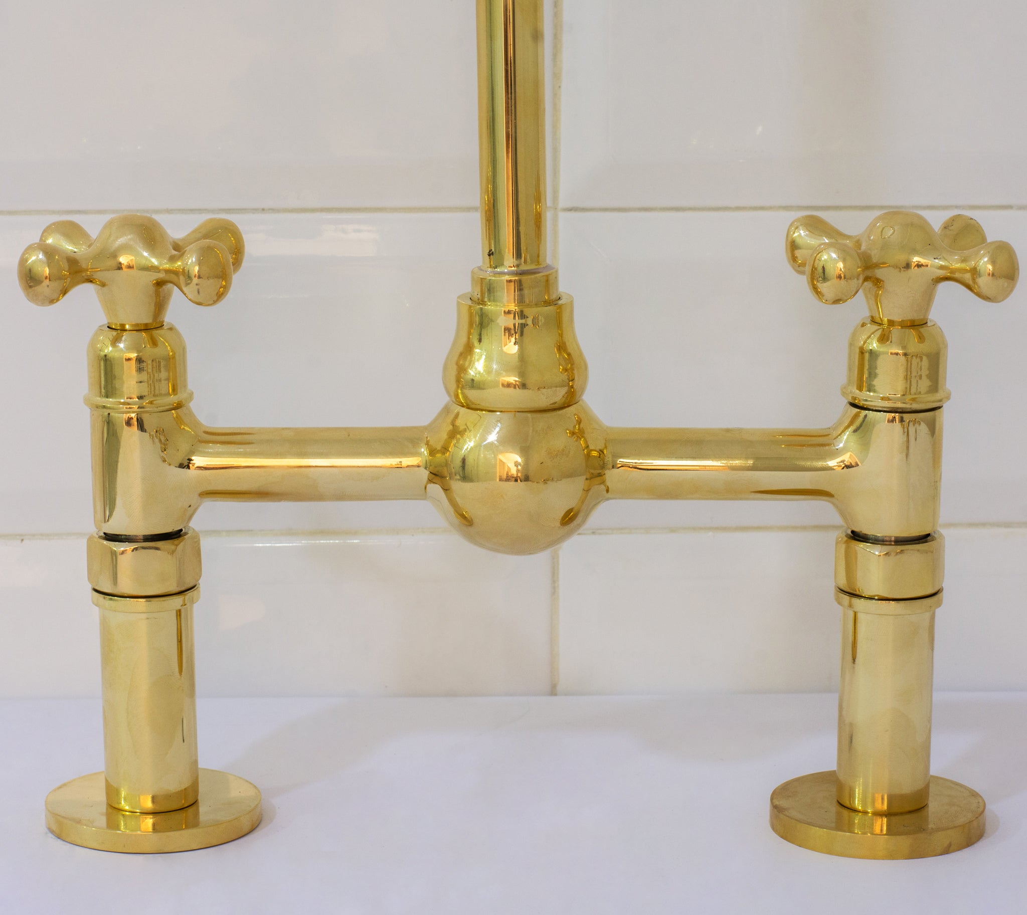 Solid Brass Ball Center Bridge Faucet Straight Legs, Dual Handle Faucet, Bridge Kitchen Faucet, 2-Hole Faucet, Deck Mount Faucet