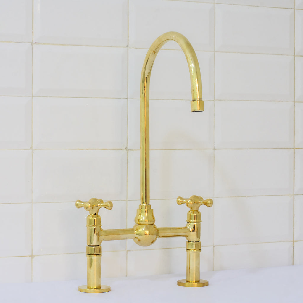 Solid Brass Ball Center Bridge Faucet Straight Legs, Dual Handle Faucet, Bridge Kitchen Faucet, 2-Hole Faucet, Deck Mount Faucet