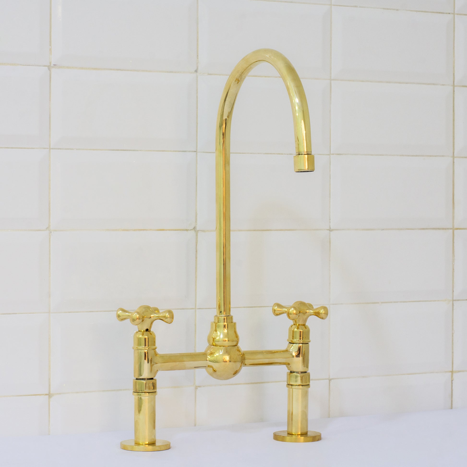 Solid Brass Ball Center Bridge Faucet Straight Legs, Dual Handle Faucet, Bridge Kitchen Faucet, 2-Hole Faucet, Deck Mount Faucet