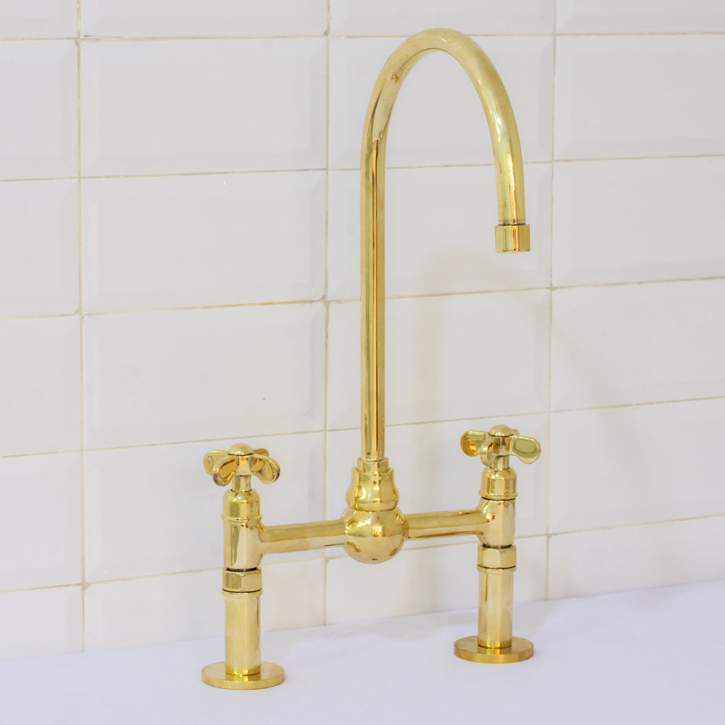 Solid Brass Ball Center Bridge Faucet Straight Legs, Dual Handle Faucet, Bridge Kitchen Faucet, 2-Hole Faucet, Deck Mount Faucet