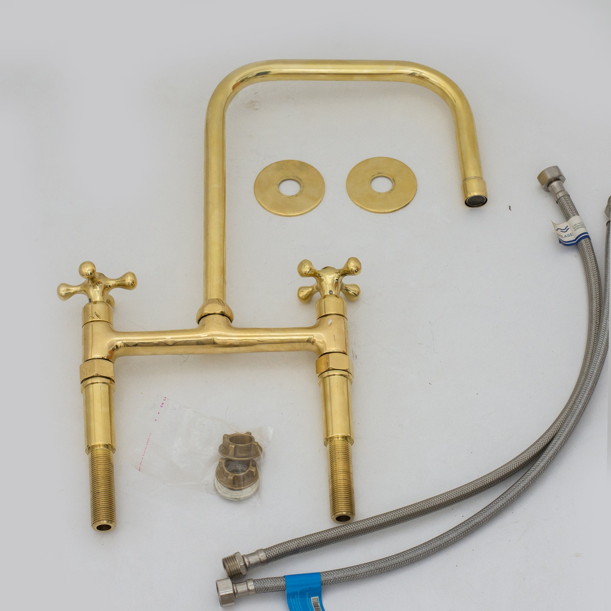 Traditional 8″ Brass Bridge Kitchen Faucet with Square Spout | Two Handles