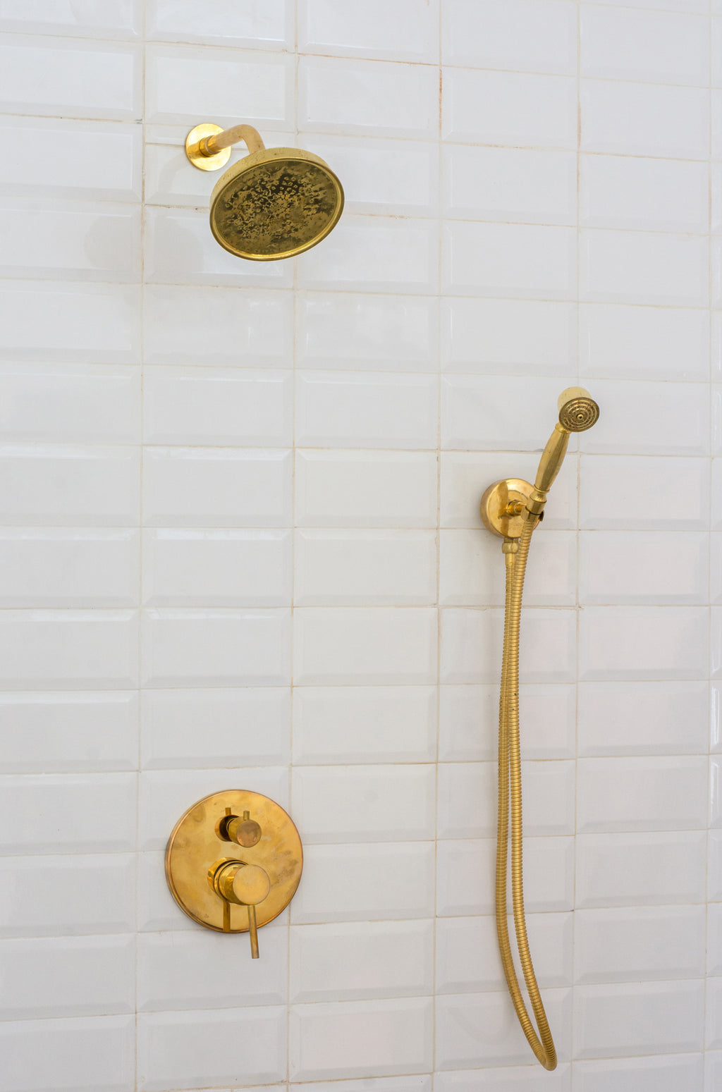 Unlacquered Brass Built-In Shower System | Angled Showerhead & Handheld | Concealed 2-Outlet Set