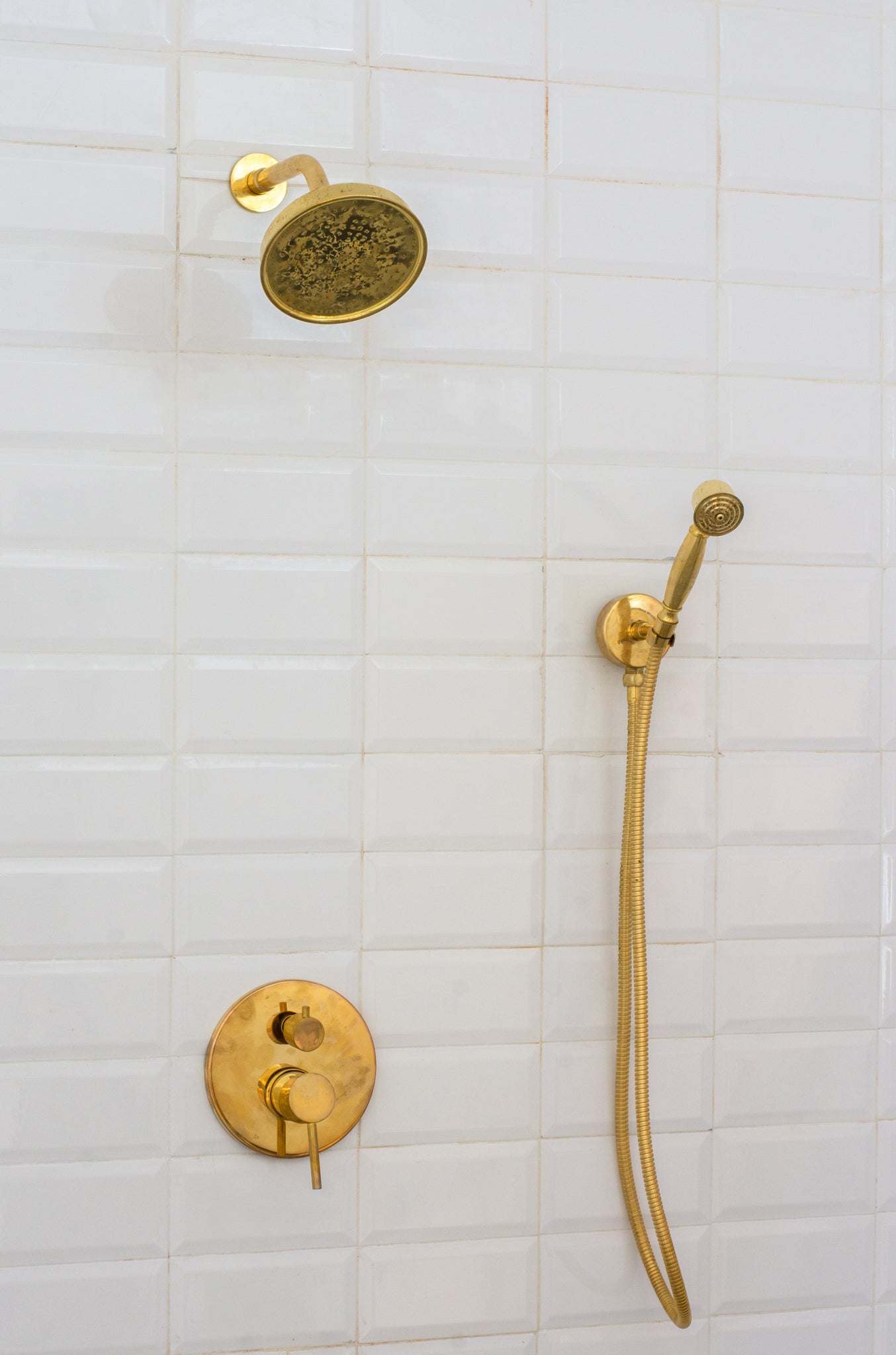 Unlacquered Brass Built-In Shower System | Angled Showerhead & Handheld | Concealed 2-Outlet Set