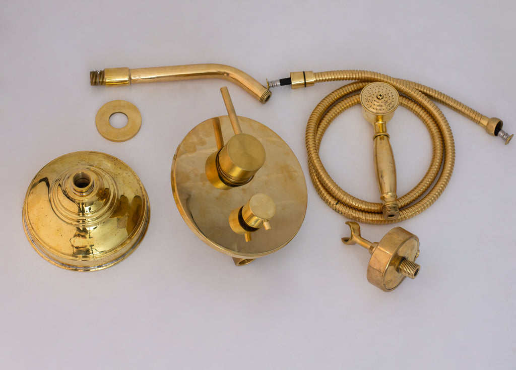 Unlacquered Brass Built-In Shower System | Angled Showerhead & Handheld | Concealed 2-Outlet Set