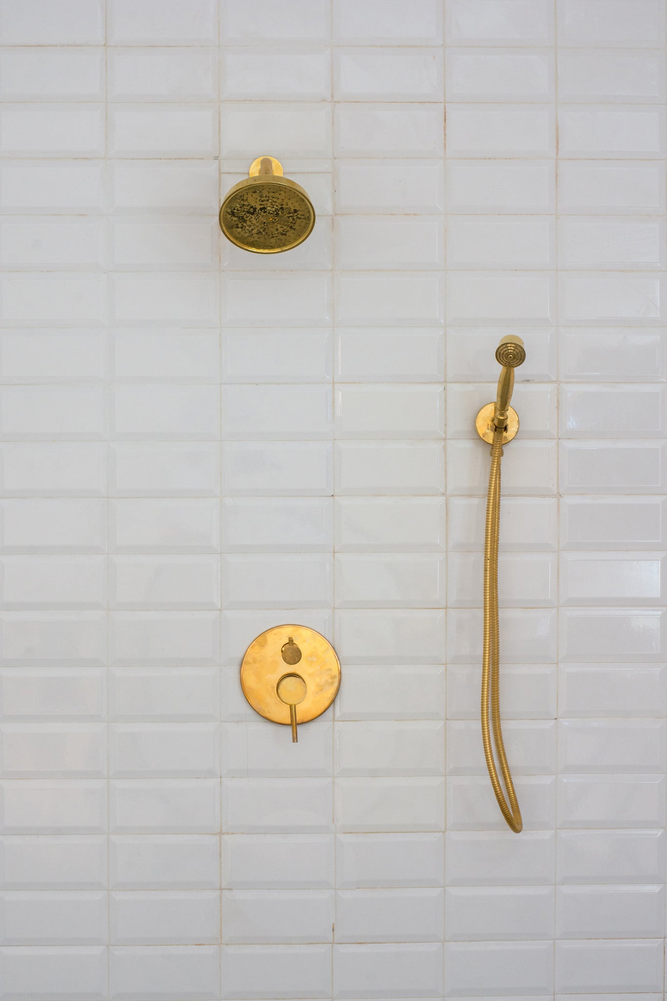 Unlacquered Brass Built-In Shower System | Angled Showerhead & Handheld | Concealed 2-Outlet Set