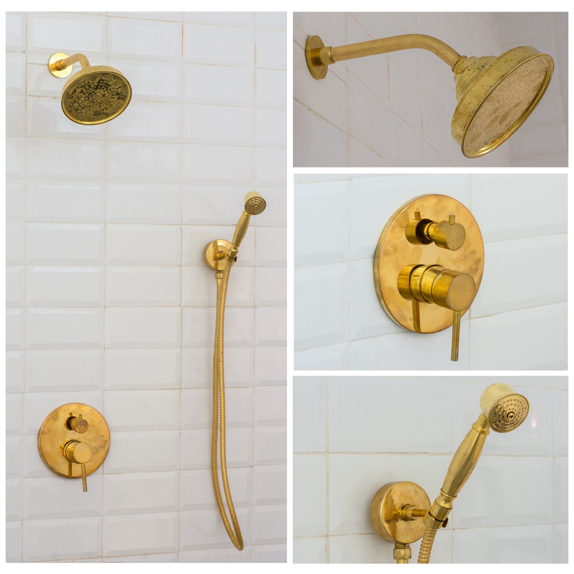 Unlacquered Brass Built-In Shower System | Angled Showerhead & Handheld | Concealed 2-Outlet Set