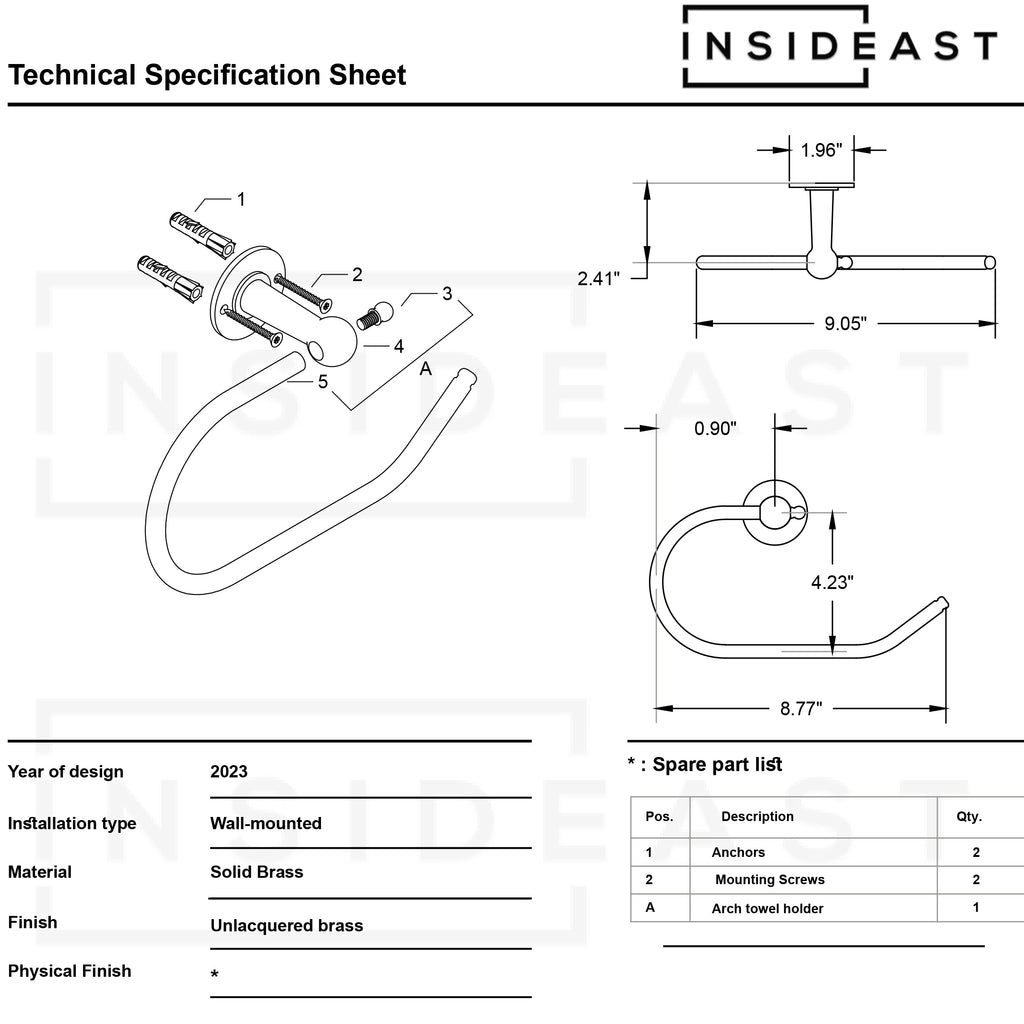 Toallero de latón sin lacar, colgador de toallas, gancho para colgar en la pared, acabado grabado a mano